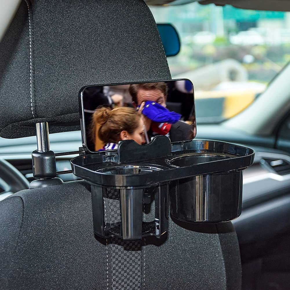 JSCARLIFE Universal Car Headrest Cup Holder & Seat Back Organizer - Dual Cup Holder & Snack Tray for Backseat, Car Interior Accessories - Perfect for Road Trips, Family Travel & Commuting