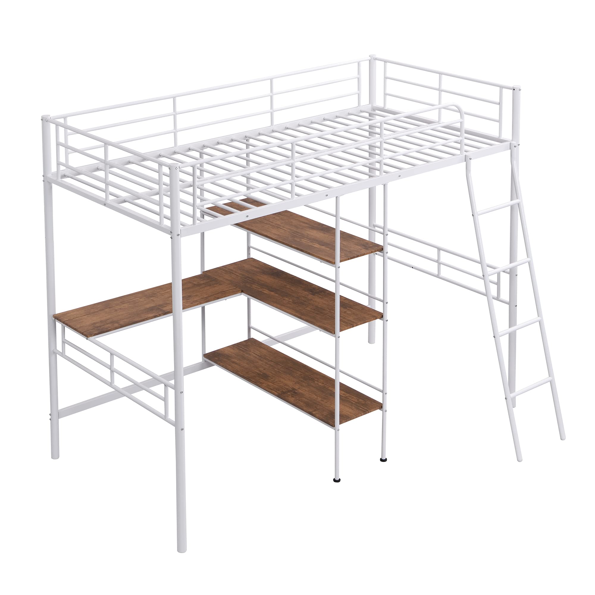 Harper & Bright Designs White Twin Size Metal Loft Bed with Built-in Desk, Shelves, Guardrail & Ladder - Space-Saving Study & Sleep Solution for Kids & Teens Bedrooms
