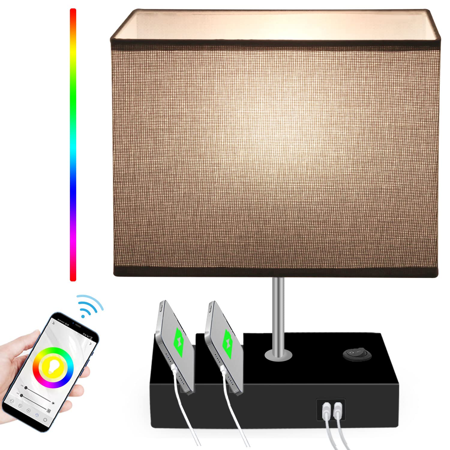 Peteme Smart Color Changing Bedroom Lamp - WiFi & Alexa Enabled RGB Dimmable Table Light with 2 Phone Stands & USB Charging Ports, Music Sync Nightstand Lamp for Living Room & Bedroom (Bulb Included) - Perfect for Mood Lighting, Gaming Setup & Home Decor
