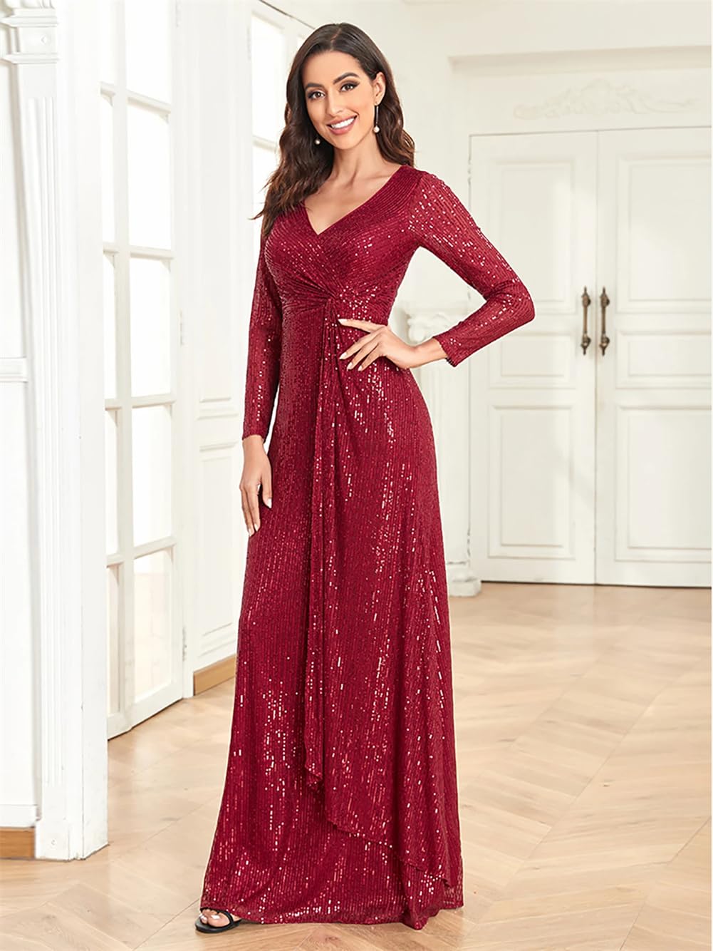Elegant Long Sleeve V-Neck Sequin Evening Dress for Women - Wedding Guest Gown, Party Cocktail Dress, Formal Occasions & Special Events