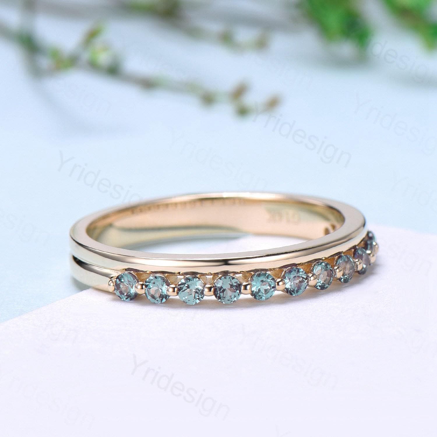 Alexandrite Half Eternity Wedding Band for Women - Stackable Art Deco Ring in Yellow Gold - Anniversary & Wedding Gift - Perfect for Bridal Sets, Stacking Rings & Special Occasions