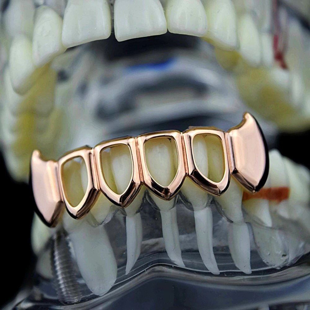 14K Rose Gold Plated Vampire Fang Grillz - Open Face Teeth Jewelry for Lower Bottom - Perfect for Halloween Costumes, Hip Hop Fashion & Gothic Style