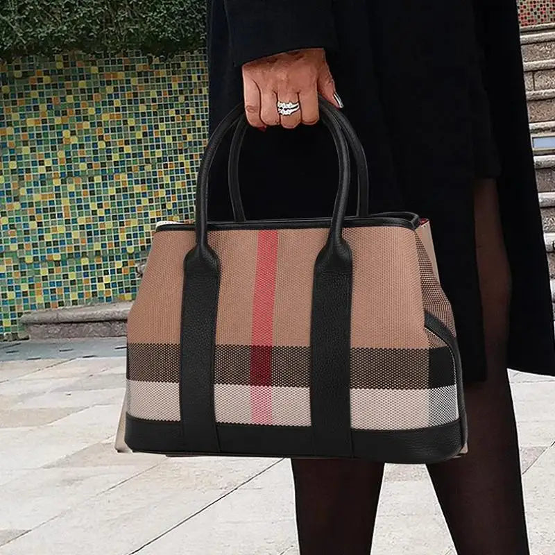 Luxury Black Plaid Printed Women's Handbag - Designer Wide Strap Shoulder Bag in Canvas & PU Leather - Perfect for Work, Travel, and Evening Events