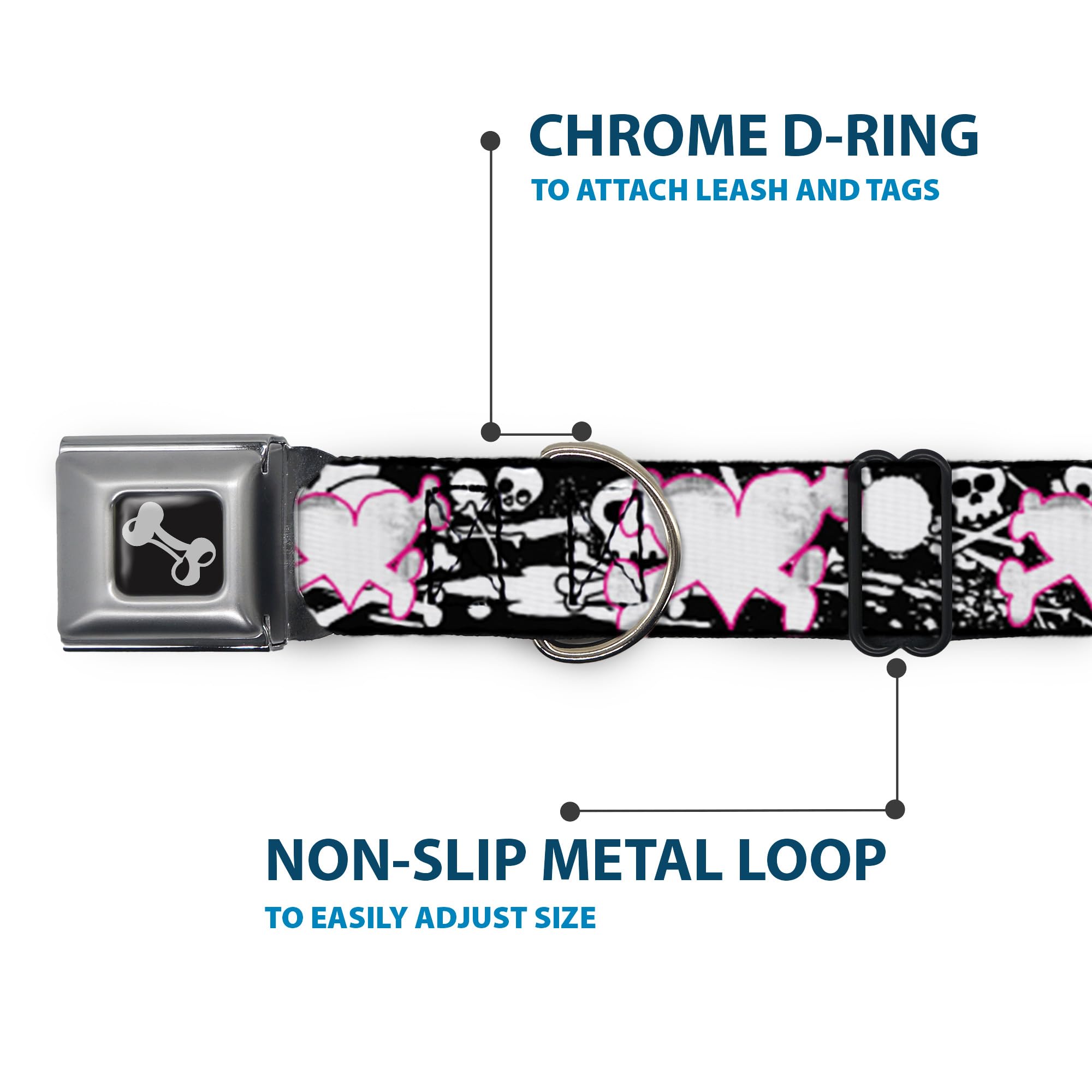 Buckle-Down Seatbelt Buckle Dog Collar - Skull & Crossbones Design with Black/White Splatter - 1.5