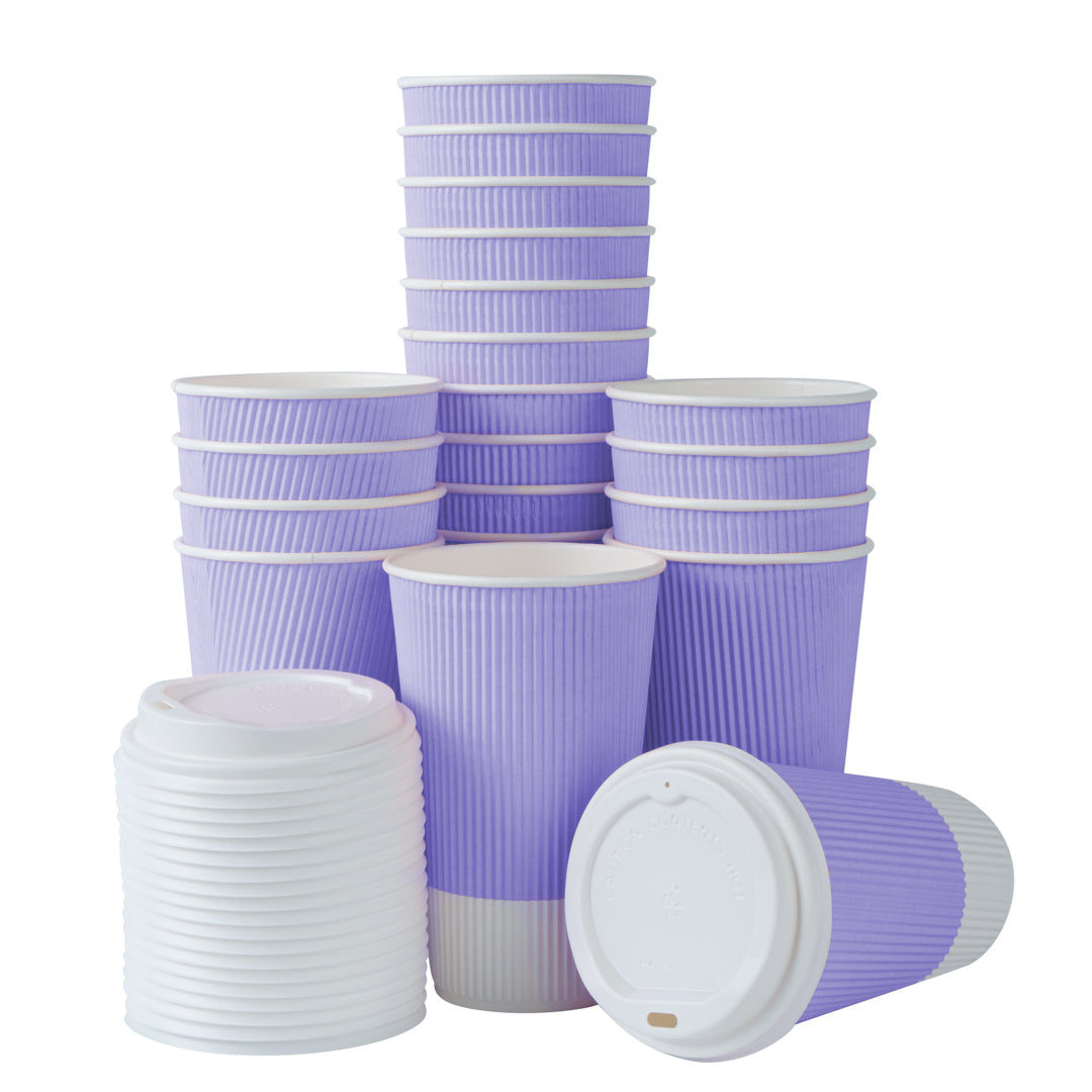 16 oz Light Purple Ripple Wall Paper Coffee Cups with White Lids - 20 Count Bulk Pack (3.5