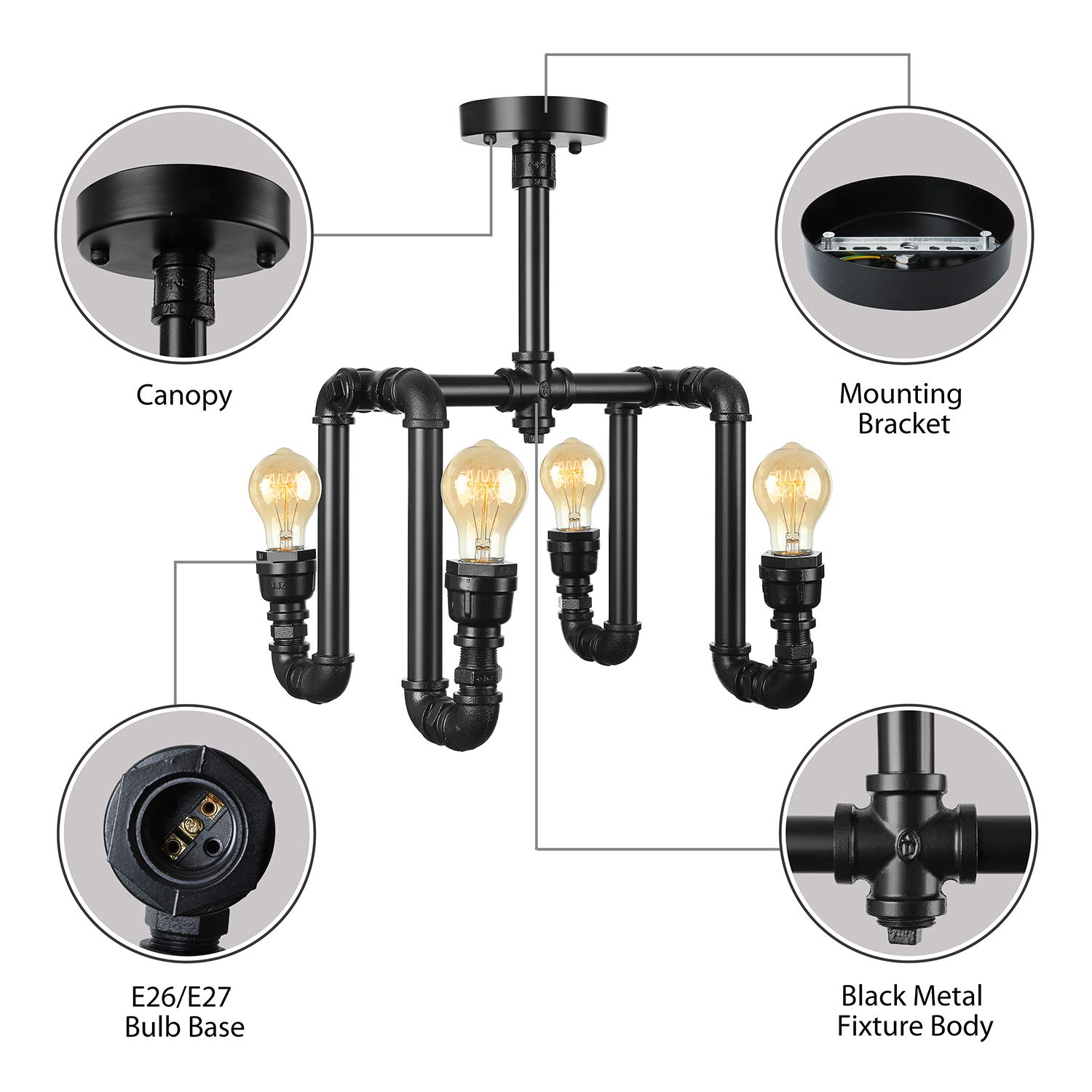 Industrial Steampunk Black Pendant Light - Water Pipe Shape Semi-Flush Mount Ceiling Chandelier for Kitchen, Dining Room & Bar Decor
