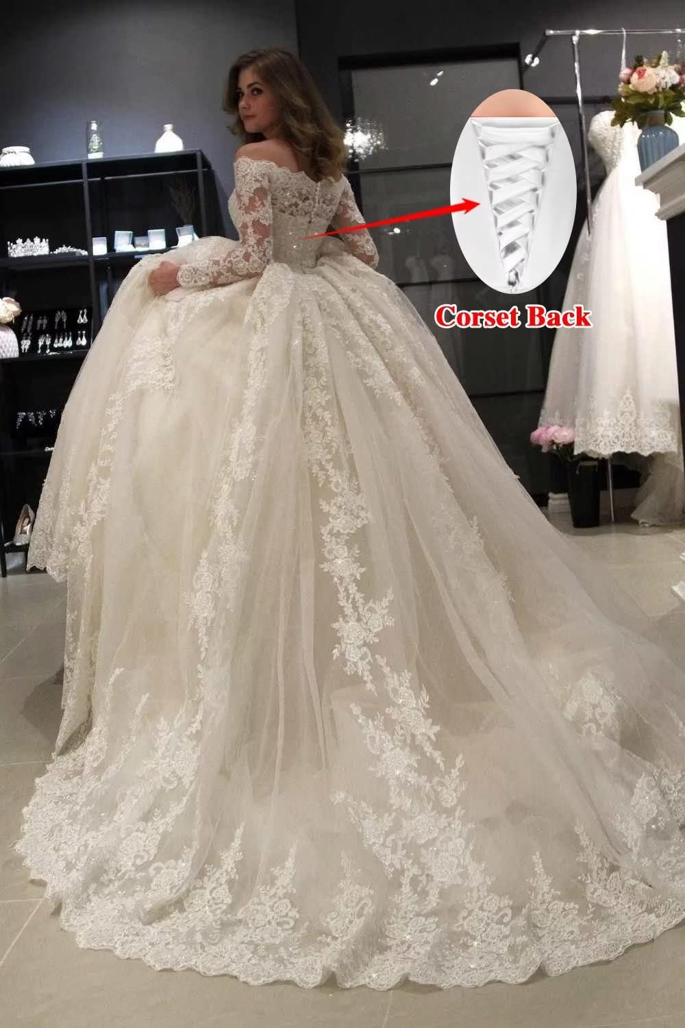 Elegant Off-The-Shoulder Long Sleeve Lace Wedding Dress with Tulle Skirt - Perfect for Beach, Garden & Romantic Bridal Ceremonies
