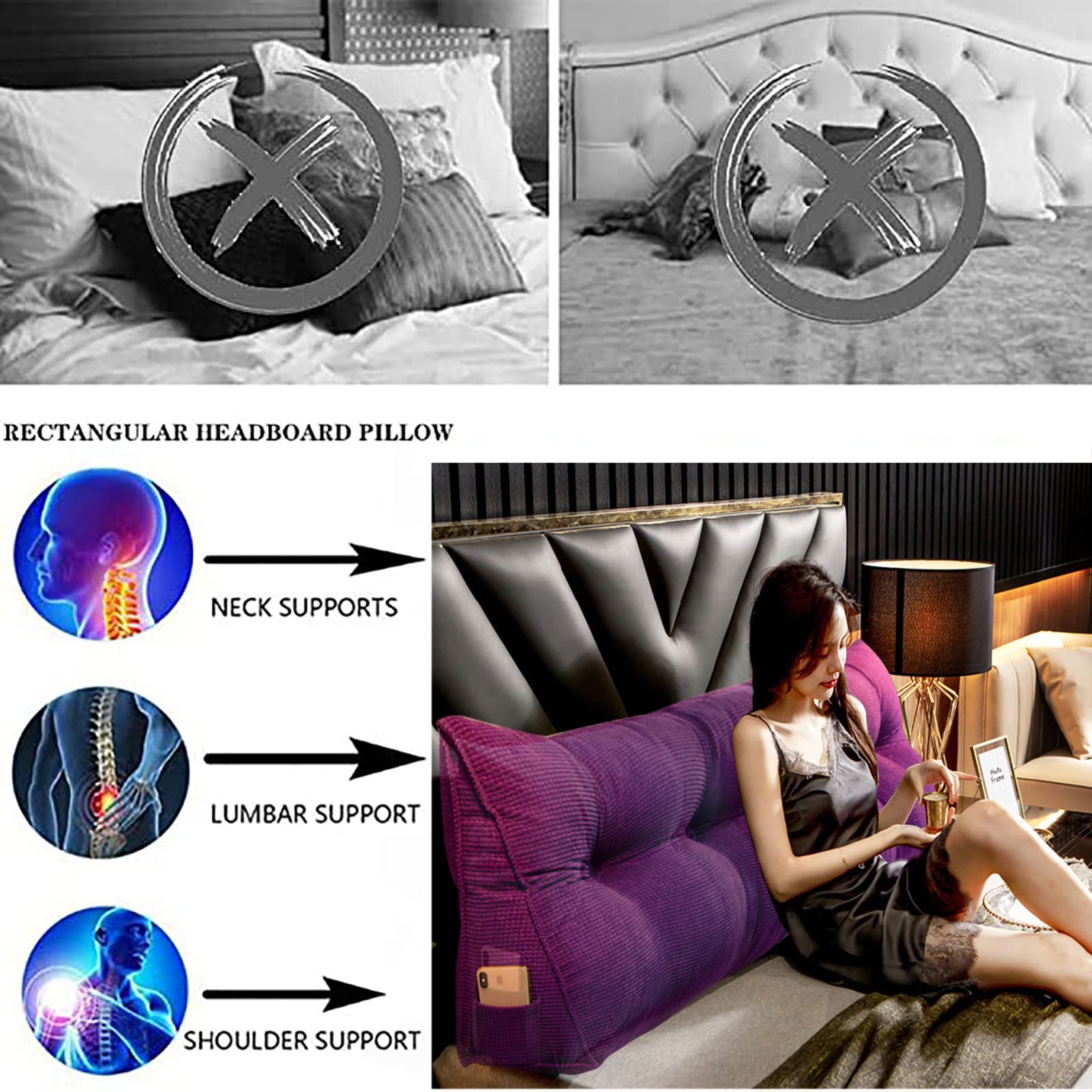 Bed Wedge Pillow for Headboard - Large Triangular Backrest Support Cushion, Velvet Daybed Pillow for Reading & Relaxing | Perfect for Back Support, Lounging, and Bedroom Decor