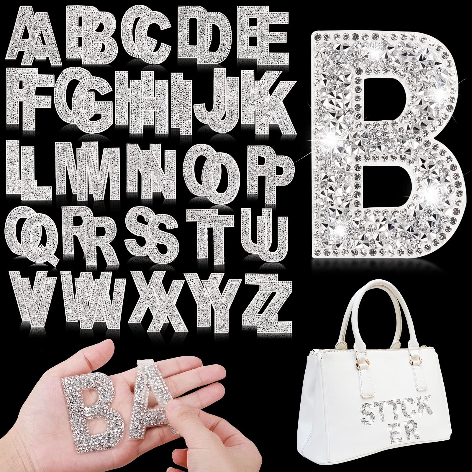 Glitter Resin Rhinestone Alphabet Letter Stickers A-Z - 52pcs Self-Adhesive Iron-On Crystal Letters for DIY Crafts, Clothing, Scrapbooking & Home Decor (White) - Perfect for Custom T-Shirts, Hats, Bags & Personalized Gifts
