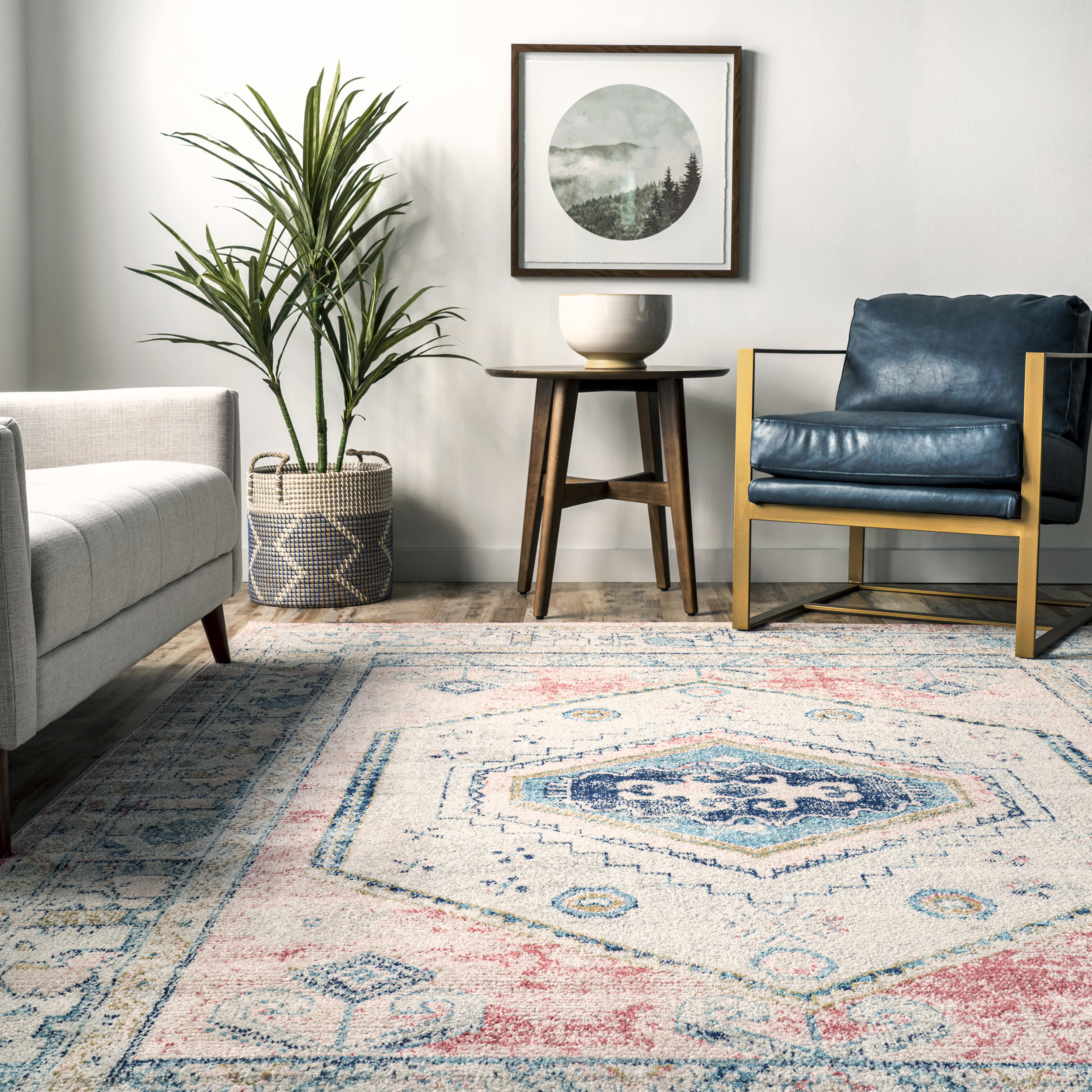 Distressed Jewel Medallion Rug - Vintage Bohemian Area Rug in Light Pink for Living Room, Bedroom & Boho Home Decor