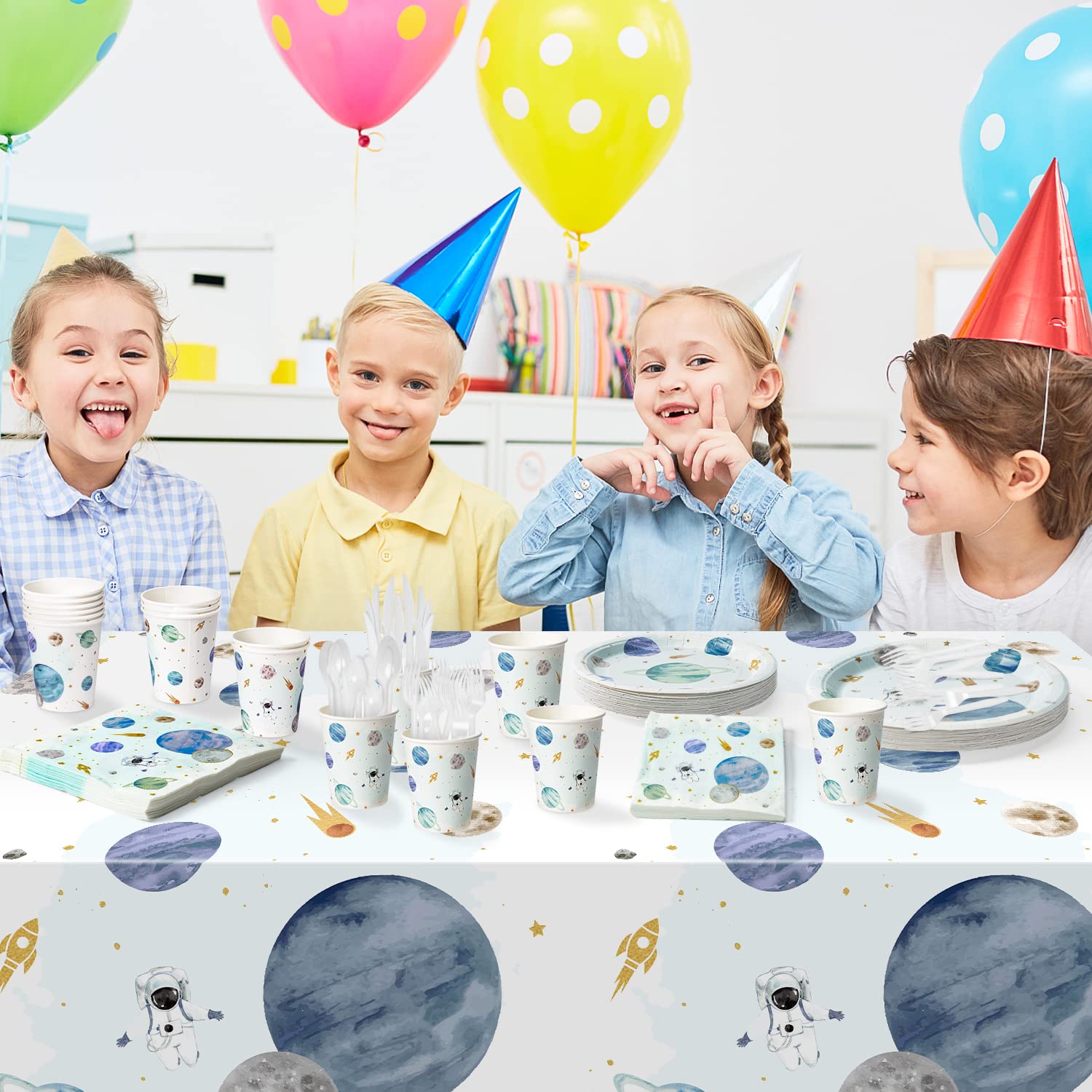 WATINC 170pcs Outer Space Birthday Party Supplies - Solar System Themed Tableware Set with Plates, Napkins, Forks, Cups, Spoons, Knives & Tablecloths for First Trip Around the Sun Celebration | Perfect for Kids Space Themed Birthday Parties, Baby Showers & Cosmic Decorations
