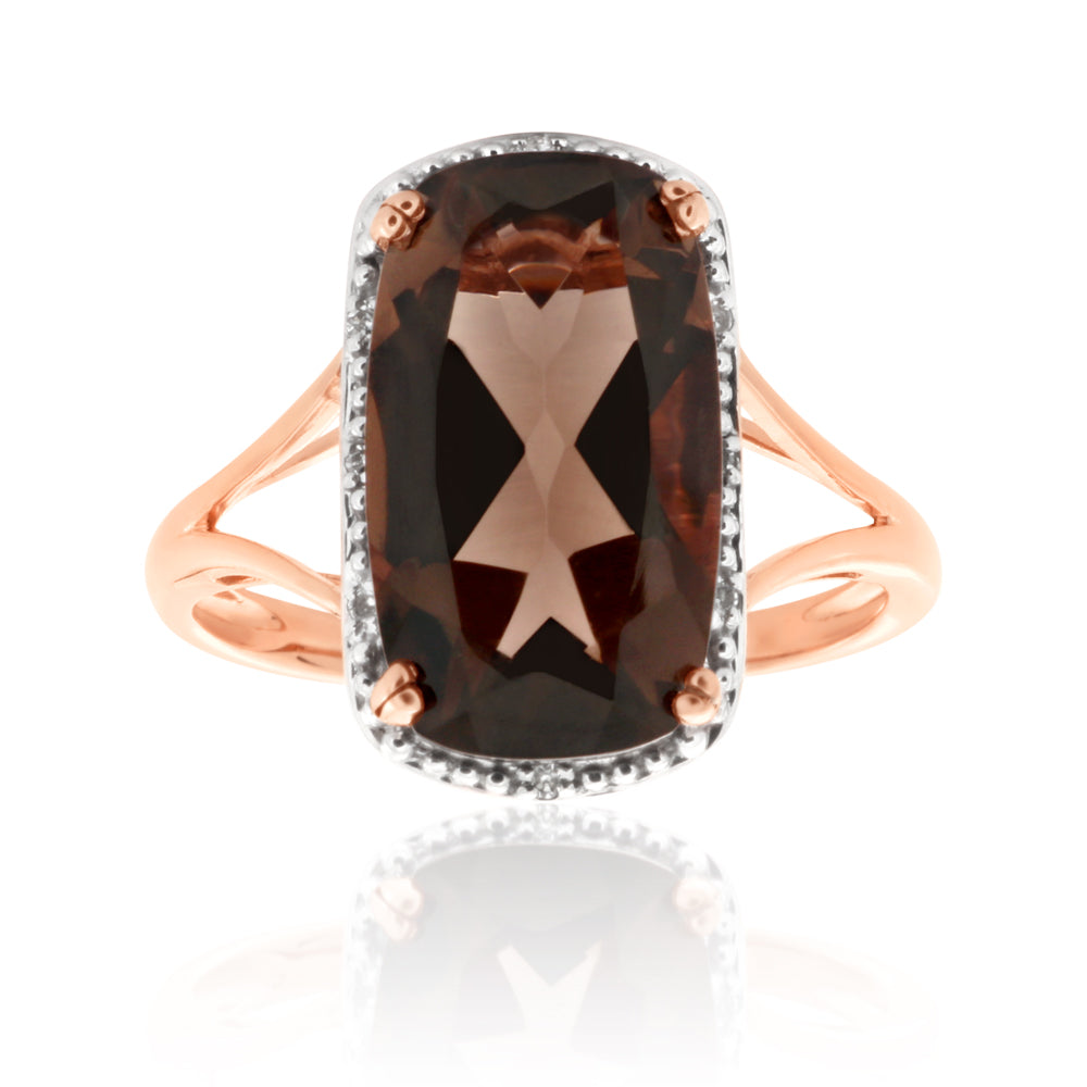 9ct Rose Gold 4.00 Carat Smokey Quartz and Diamond Engagement Ring - No Resizing - Perfect for Weddings, Anniversaries & Special Occasions