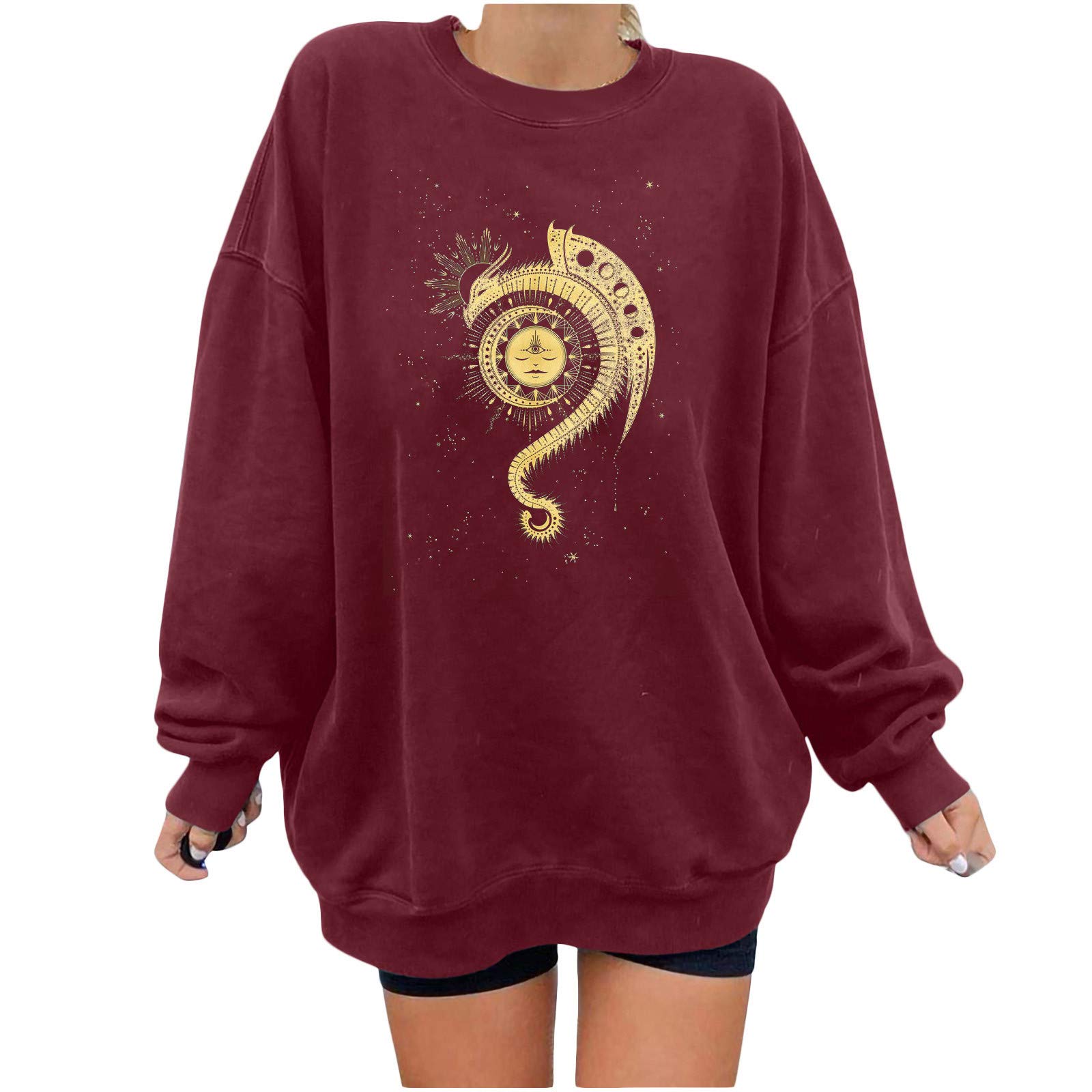Women's Sun Dragon Print Long Sleeve Sweatshirt - Casual Pullover Blouse Cute Red Shirt for Women | Perfect for Everyday Wear, Street Fashion & Lounge Outfits