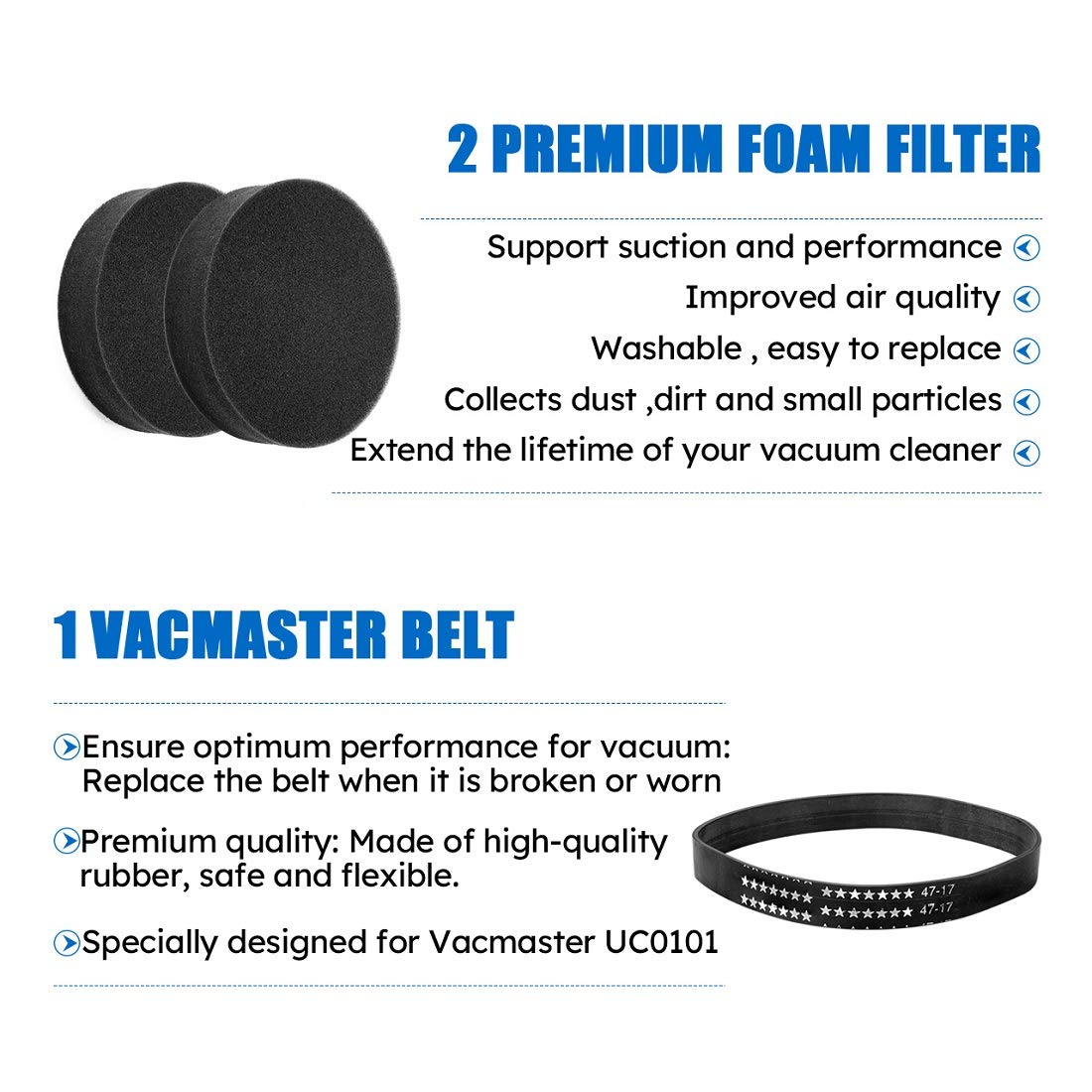 Vacmaster 2 Premium Foam Filters & 1 Vacuum Belt Replacement Kit - Compatible with Vacmaster UC0101 Upright Vacuum Cleaner - Ideal for Home Cleaning, Pet Hair Removal, and Allergen Reduction