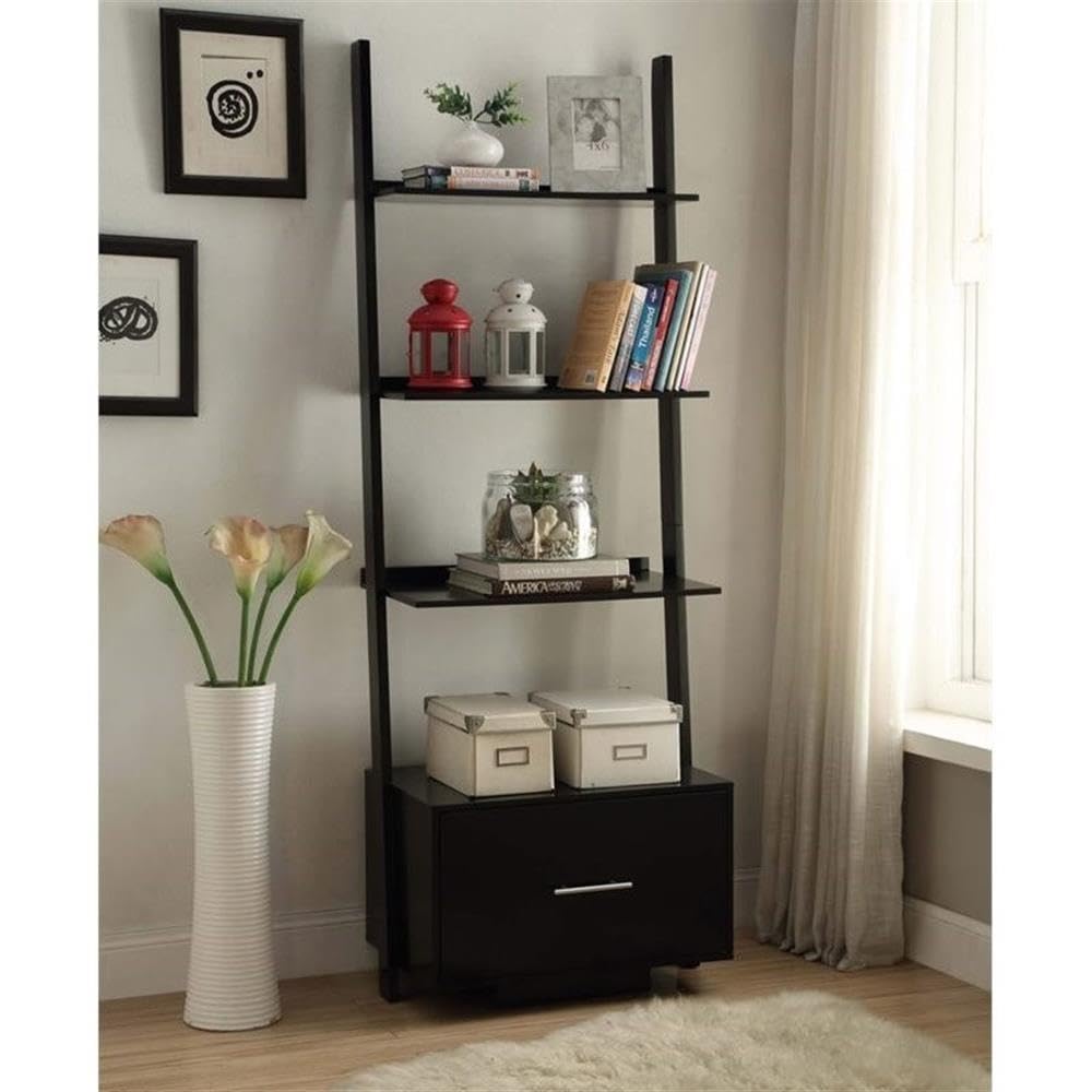 Pemberly Row Black Wood Finish Bookcase with File Drawer - Stylish Home Office Storage for Books, Files, and Decor