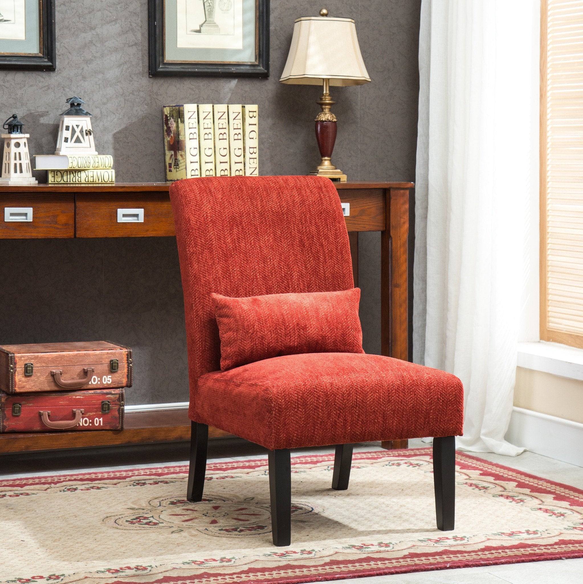 Roundhill Furniture Pisano Chenille Fabric Armless Contemporary Accent Chair with Matching Kidney Pillow in Red - Modern Living Room Seating for Home Office & Lounge