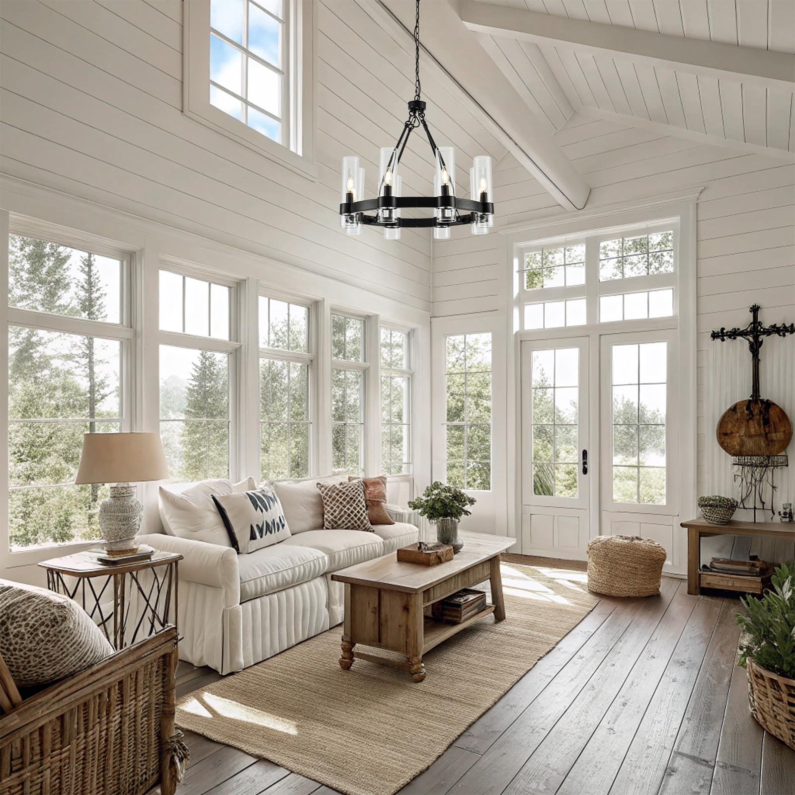 MAYNA 26 Inch Black Wagon Wheel Chandelier with Glass Shade - 8 Light Modern Farmhouse Ceiling Light Fixture for Dining Room, Kitchen, Entryway - Perfect for Rustic Home Decor & Country Style Interiors