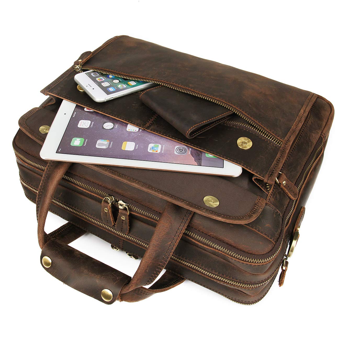 Augus Genuine Leather Briefcase for Men - Professional Business Travel Messenger Bag with YKK Metal Zipper - Fits 15.6 Inch Laptop - Brown - Perfect for Office, Commuting and Business Trips