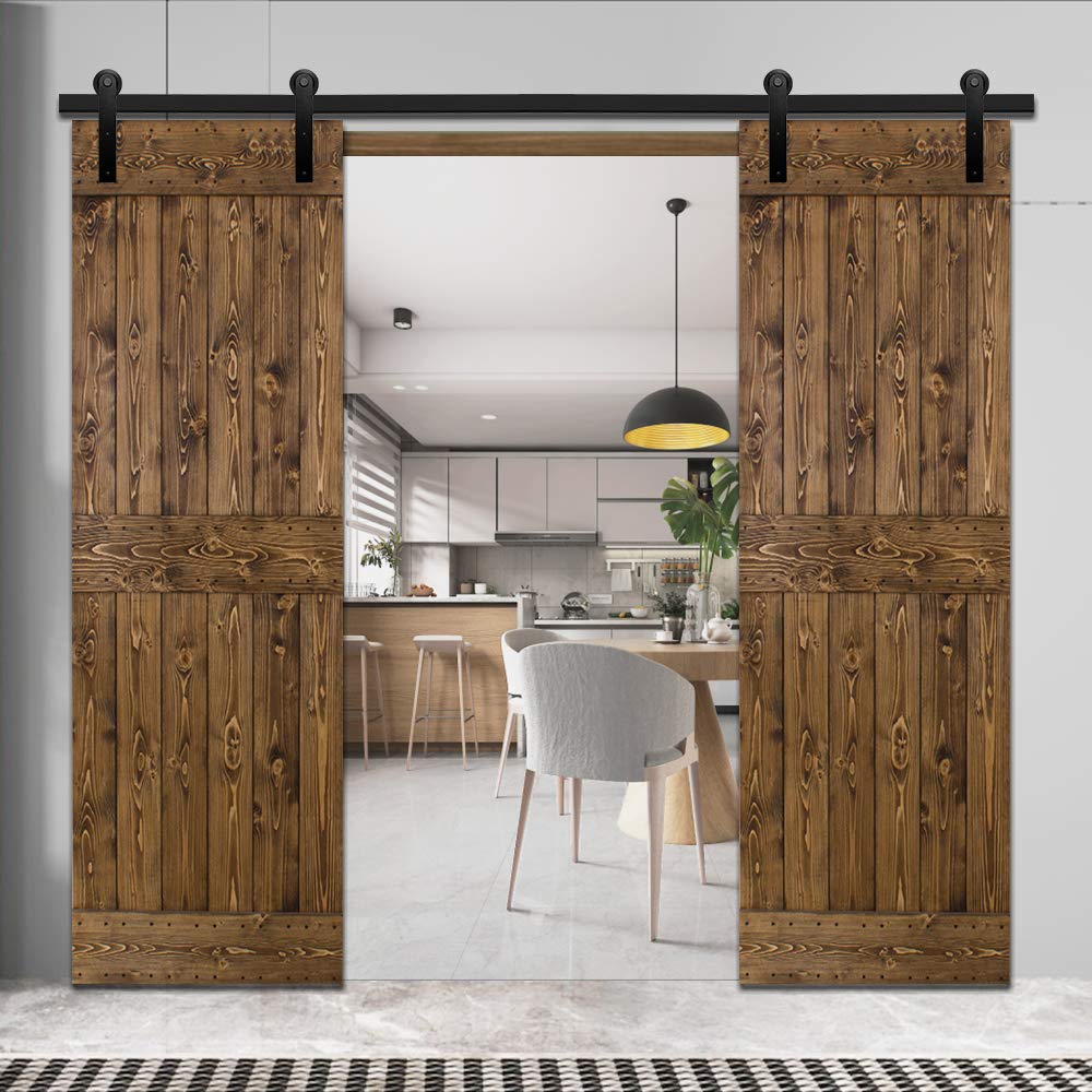 SHELLA 7.5FT Heavy Duty Sliding Barn Door Hardware Kit - Double Door Track System with Top Mount for Garage, Closet & Home Office - Perfect for Rustic Home Decor & Space Saving Solutions