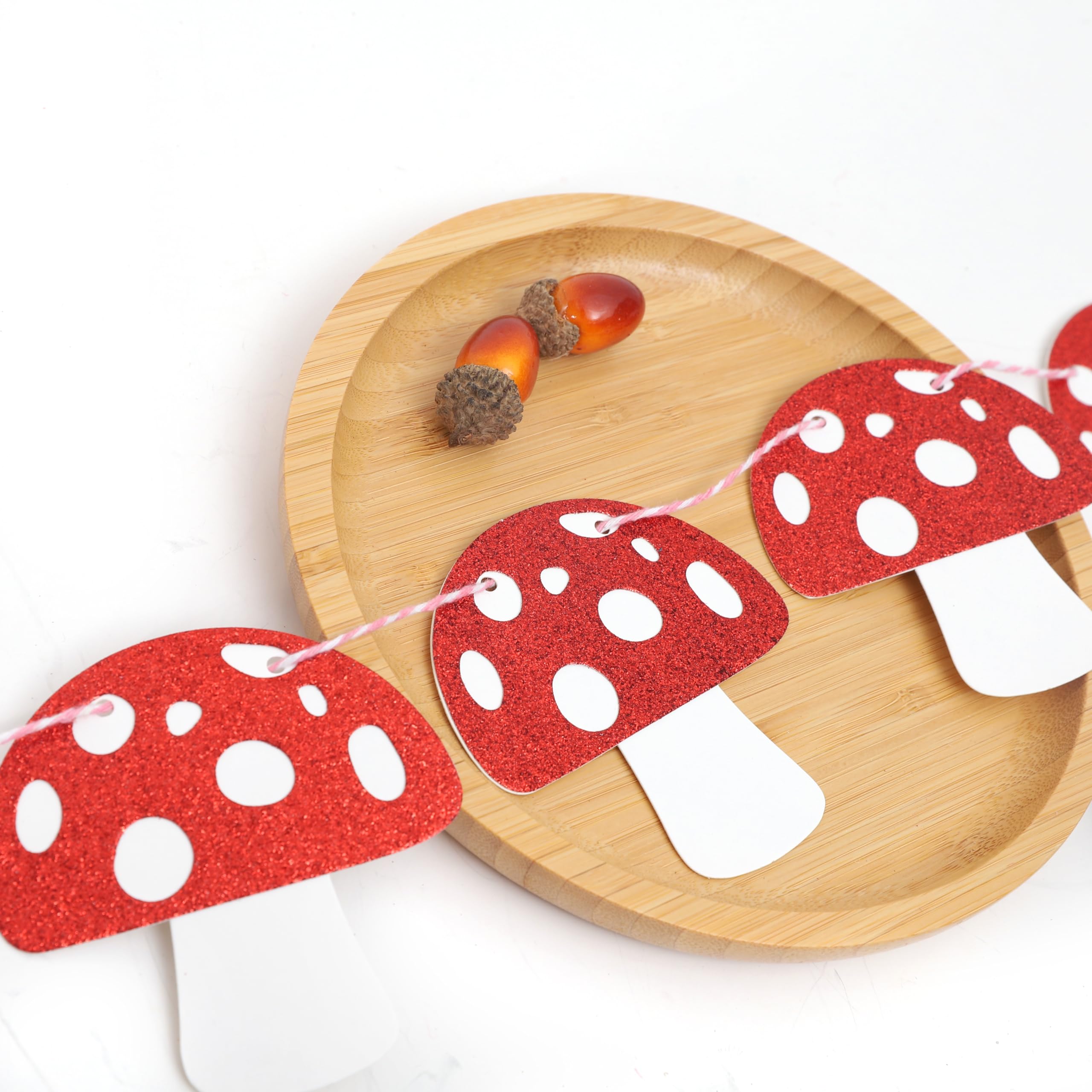 Red Glitter Mushroom Garland - Woodland Party Decorations, Fairy Birthday Banner, Mushroom Theme Party Supplies for Forest Themed Events, Baby Showers & Boho Home Decor