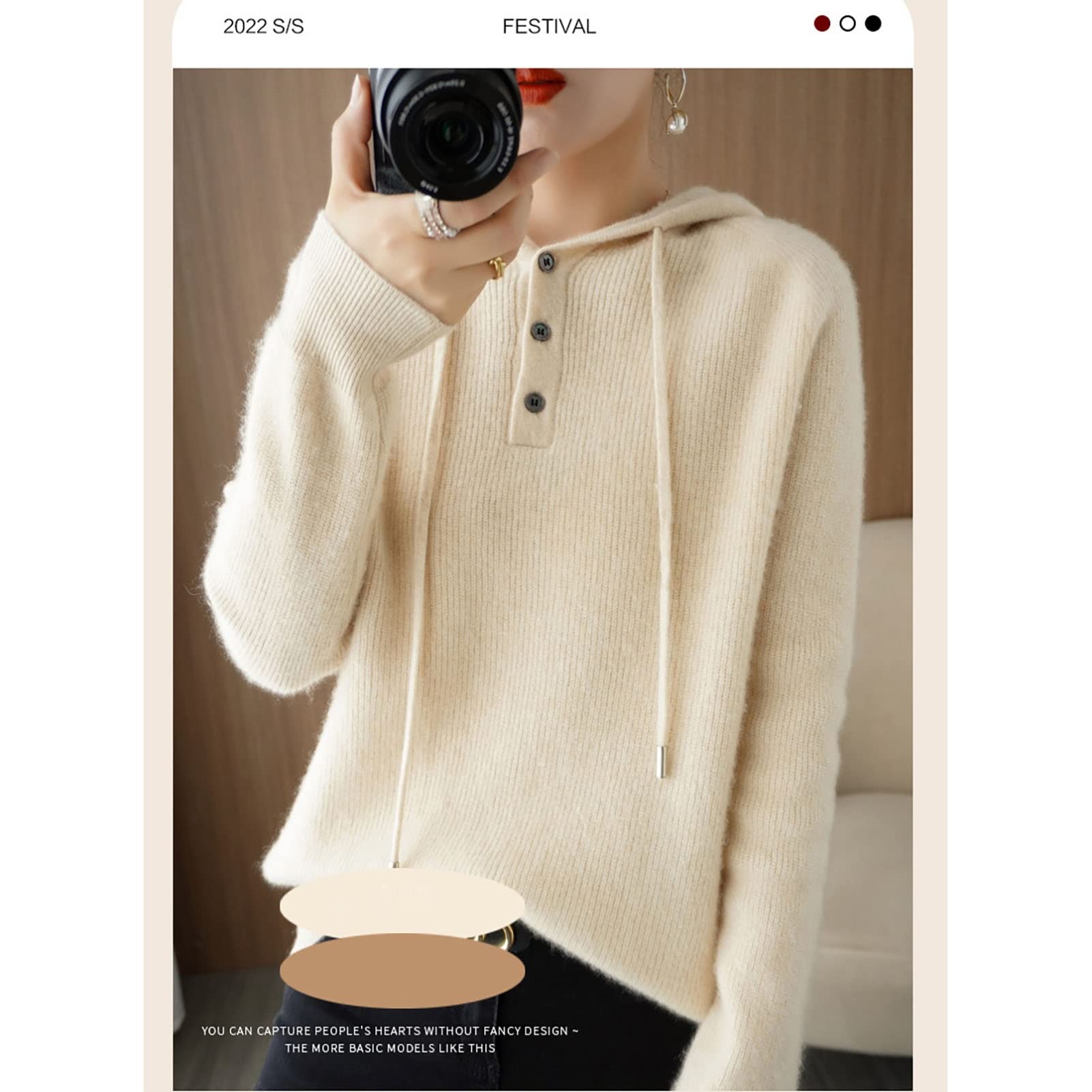 Women's Wool Hoodie - Soft Casual Long Sleeve Pullover Sweatshirt, Loose Fit Solid Color Top (Beige, Small) | Perfect for Fall Layering, Outdoor Activities & Cozy Home Wear