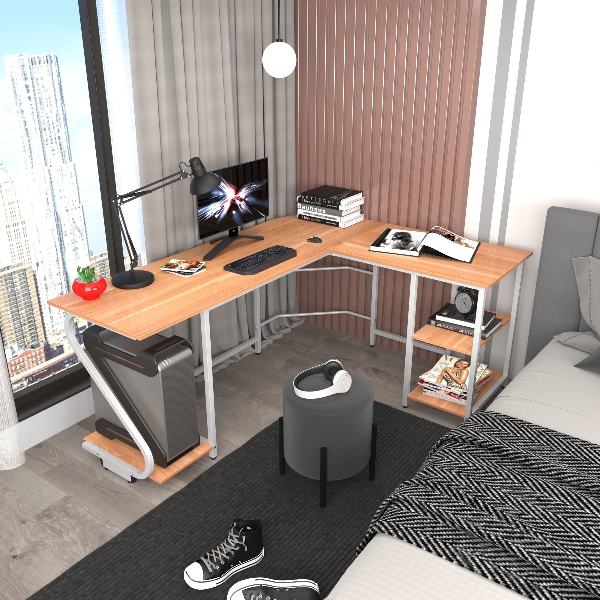 L Shaped Desk with Storage Shelf - Reversible Corner Computer Desk for Home Office & Gaming, Spacious PC Workstation with Laptop Table Space Saving Design in Walnut Finish | Perfect for Small Spaces, Gaming Setups & Home Office Workstations