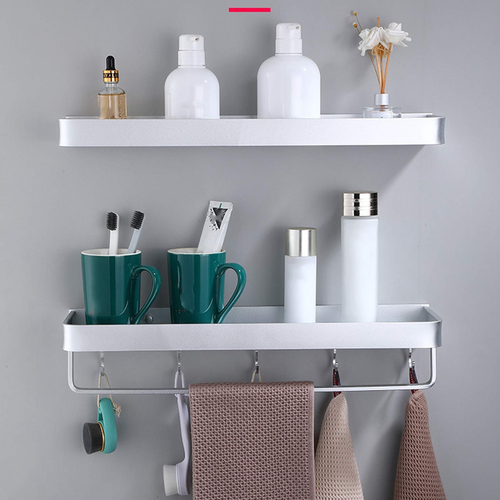 Wall Mount Aluminum Shower Shelf - Single Layer Bathroom Storage Rack with Hanging Rod & Hooks (50cm) - Perfect for Organizing Shampoo, Soap & Towels in Small Bathrooms