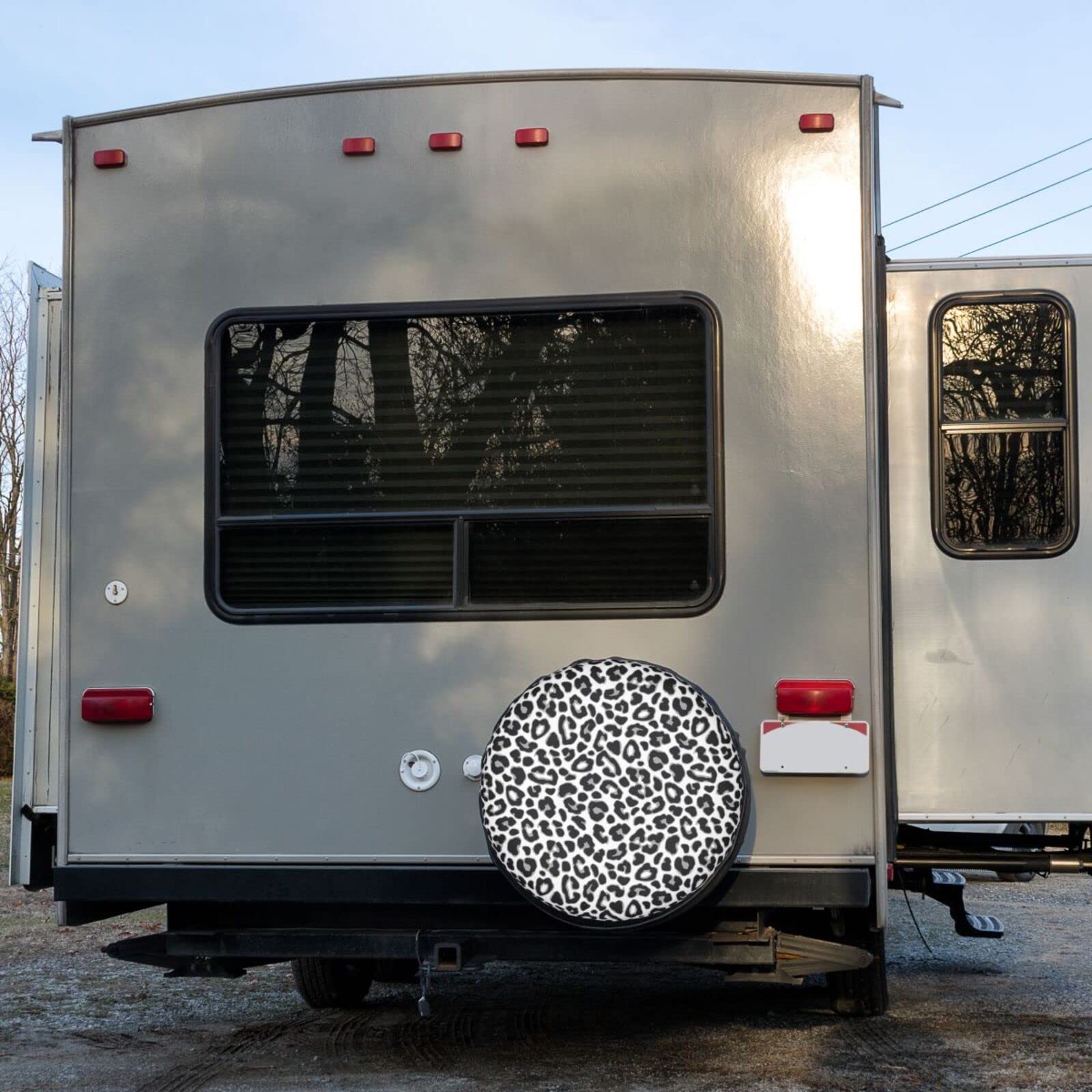 White Leopard Print Spare Tire Cover - 17 Inch Dust-Proof Wheel Protector for Trailer, RV, SUV & More | Waterproof & UV Resistant for Outdoor Adventures & Road Trips