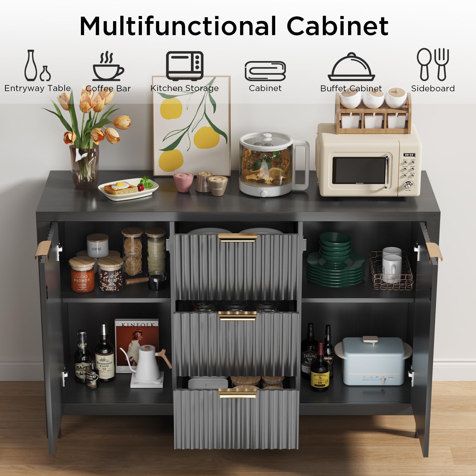 Fluted Storage Cabinet with 2 Doors & 3 Drawers - 47