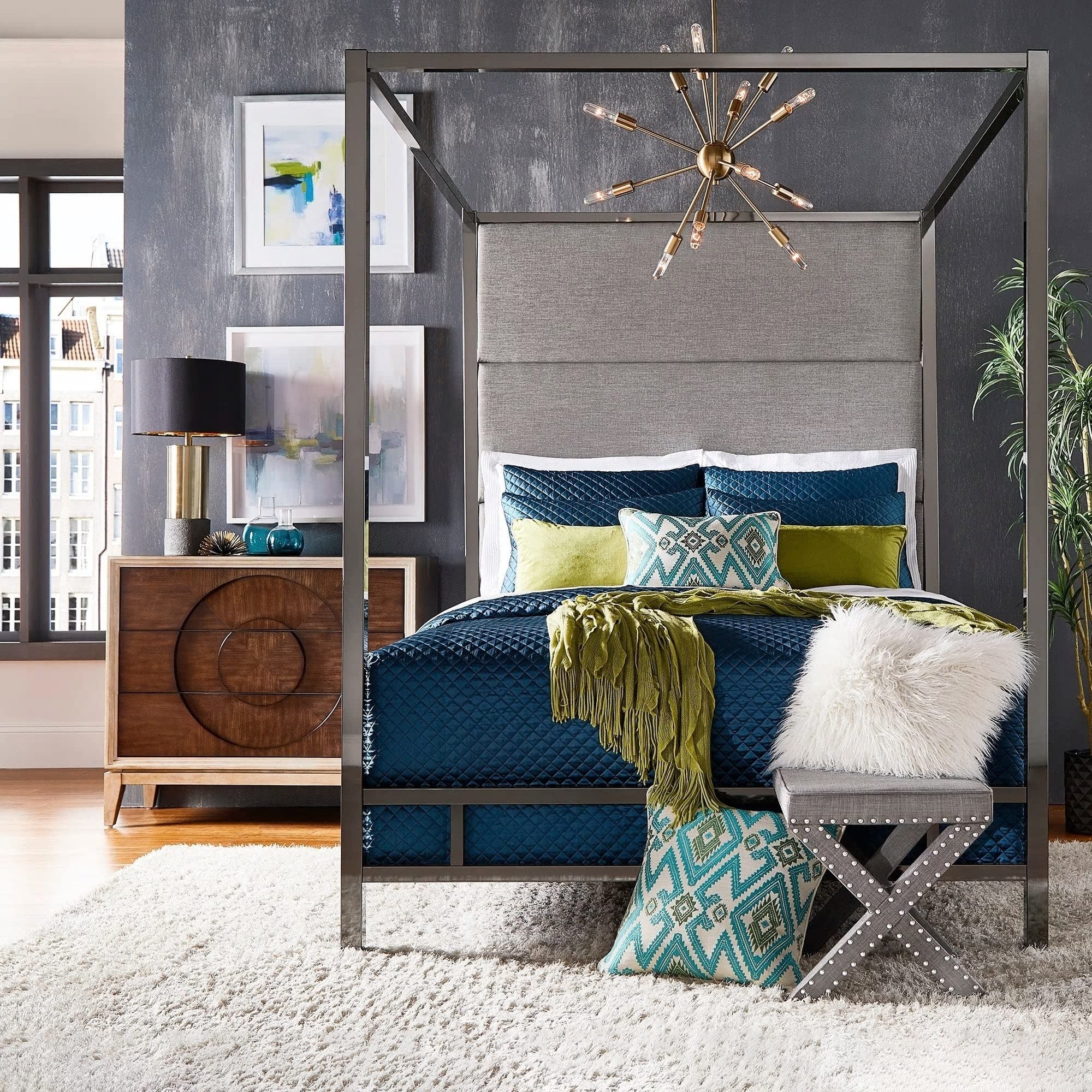 Bold Grey King Inspire Q Evie Black Nickel Metal Canopy Bed with Linen Panel Headboard - Elegant Queen Size Bed Frame for Modern Bedroom Decor | Perfect for Master Bedrooms, Guest Rooms & Luxury Apartments
