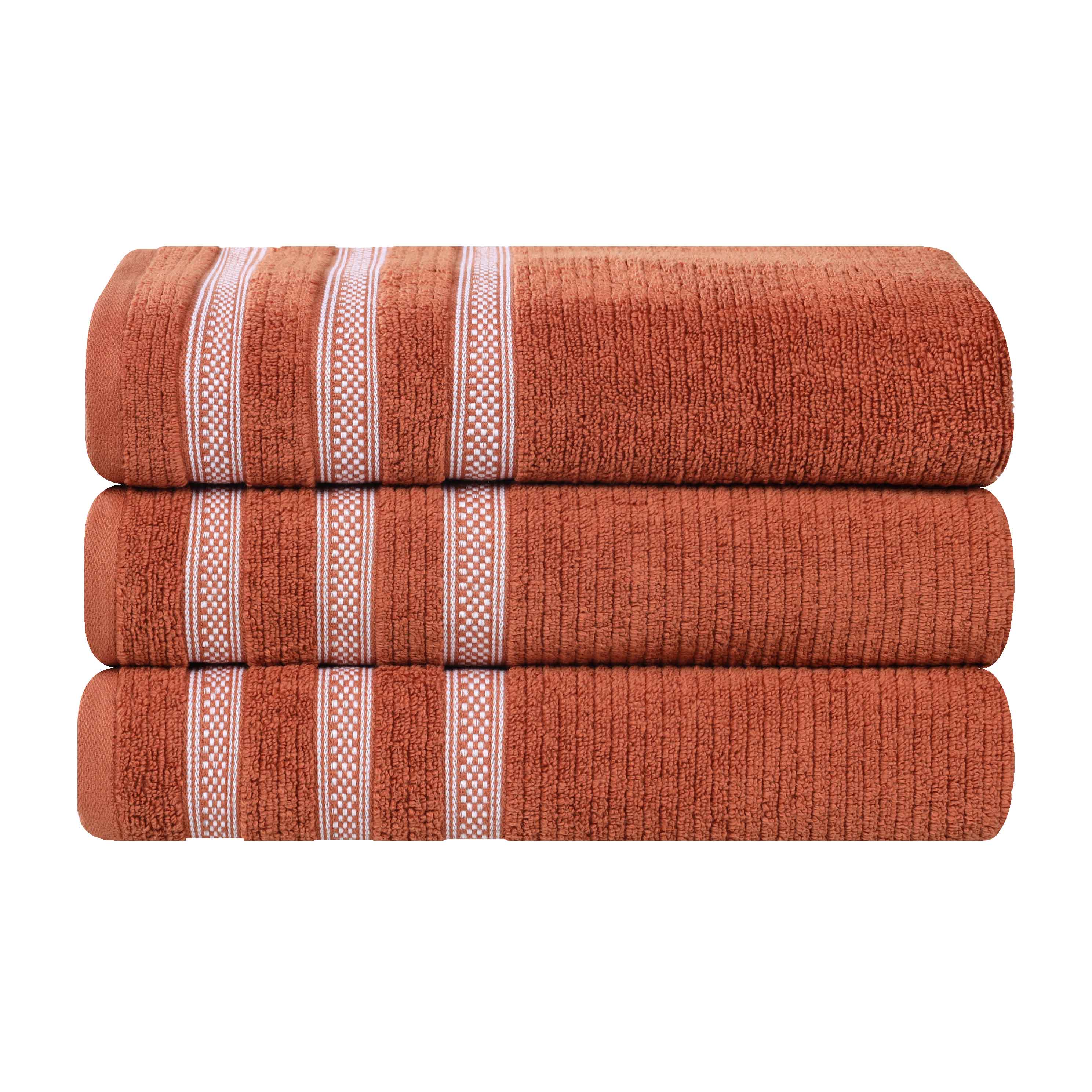 Soft Zero Twist Cotton Ribbed Geometric Border Plush Bath Towel Set of 3 - Ultra Absorbent & Quick Dry for Spa, Beach, and Luxury Bathroom Use