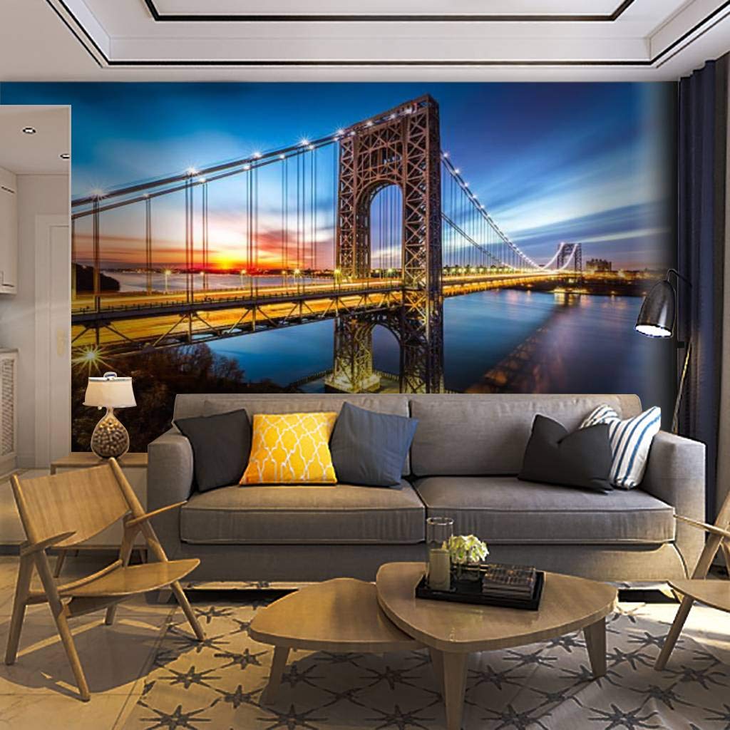George Washington Bridge Sunrise Wall Mural - Self-Adhesive Removable Peel & Stick Wallpaper for Living Room, Bedroom Decor - American Architecture Wall Decal, Home Craft Sticker - Perfect for Accent Walls & Home Office Decor