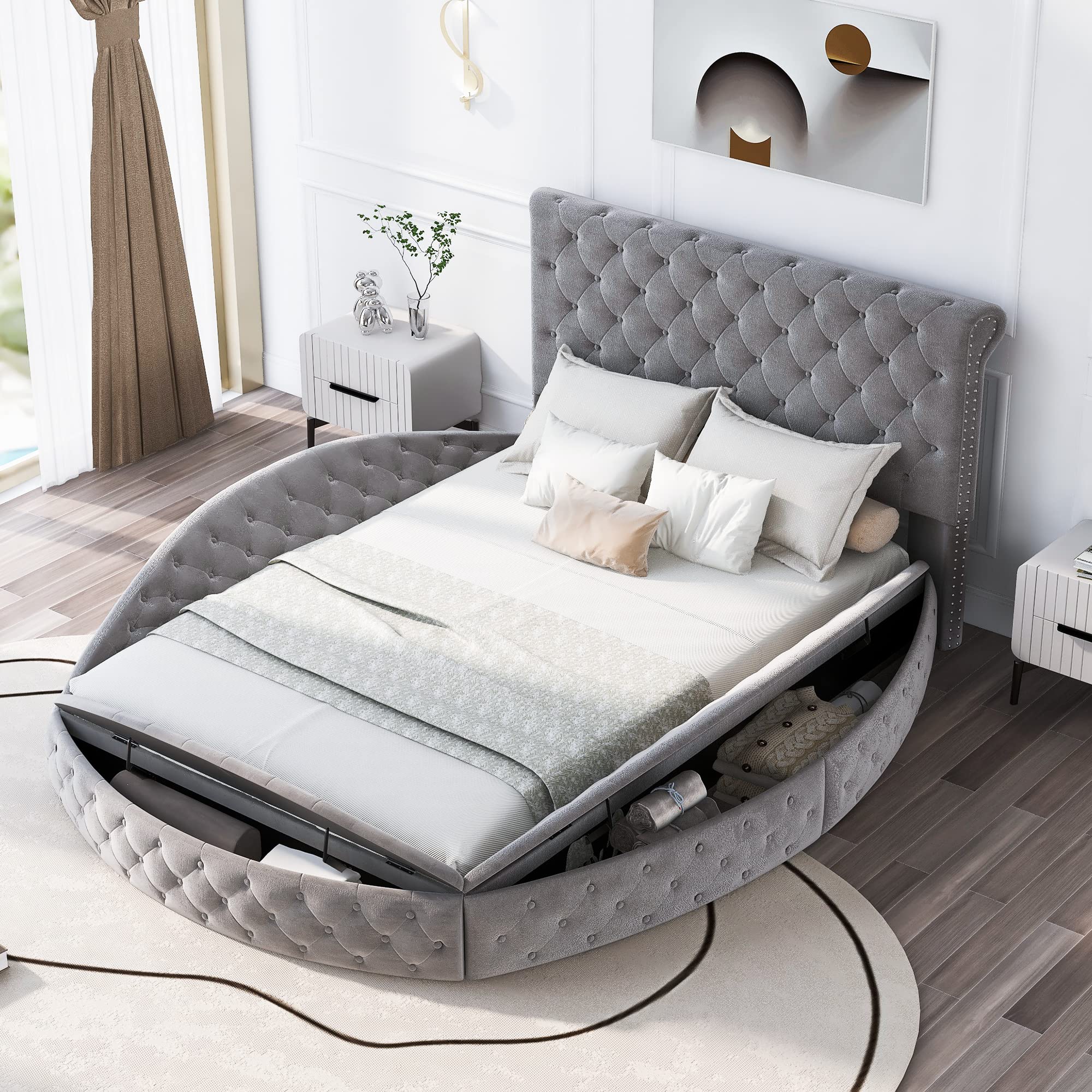 Velvet Upholstered Queen Size Round Bed with Nailhead Trim & Button Tufted Headboard - Low Profile Storage Platform Bed with Dual Side Storage for Kids, Teens & Adults (Gray) - Perfect for Small Bedrooms, Guest Rooms & Modern Apartments