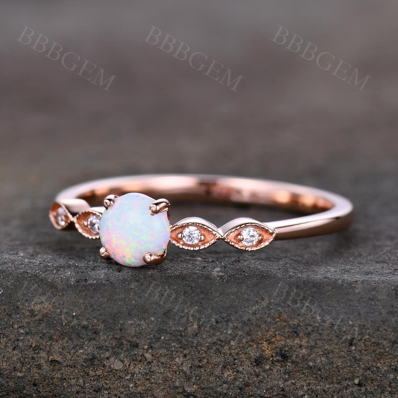 0.5 Carat Round White Opal Engagement Ring with Diamond Accent - Classic Vintage Style for Wedding, Proposal & Anniversary Gifts