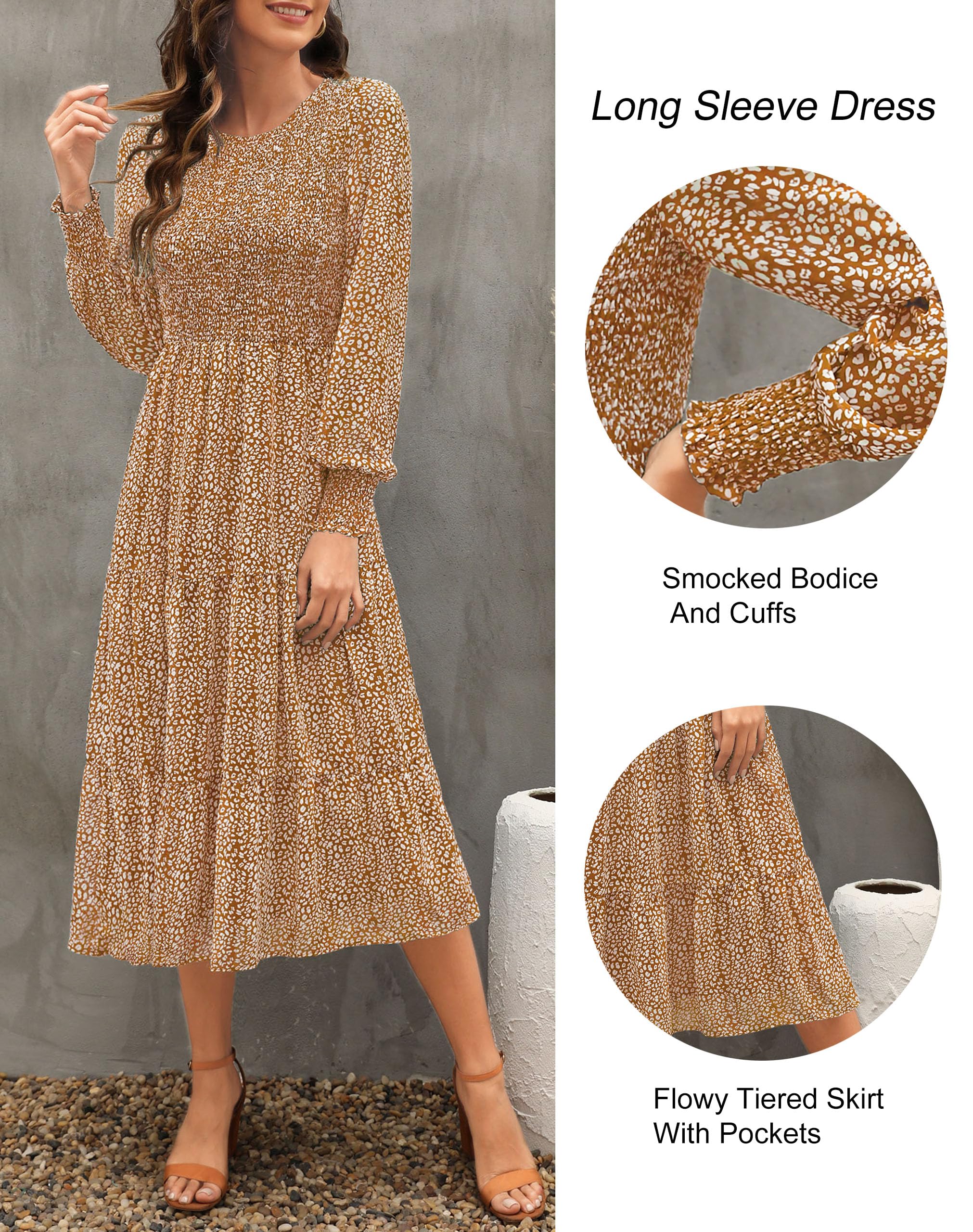 Zattcas Women's Fall Dresses 2025 - Long Sleeve Boho Floral Midi Dress with Smocked Waist & Pockets | Casual Wedding Guest Outfit for Autumn Parties, Date Nights & Special Occasions