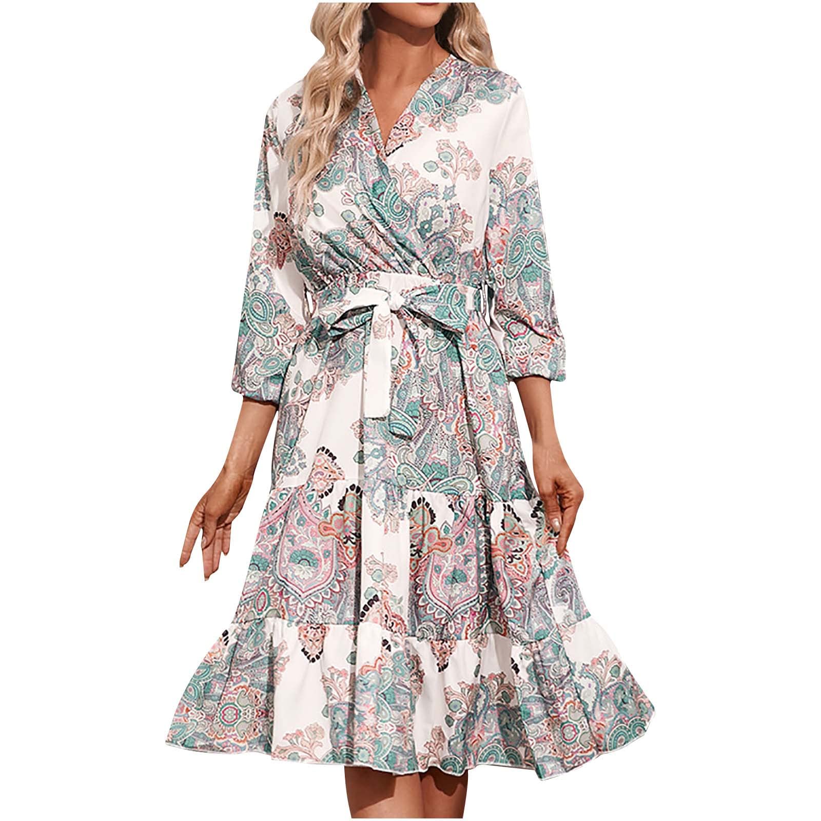 cllios Women's Floral Print Long Sleeve V-Neck Casual Dress - Knee Length Summer Dress for Work, Date Night & Outdoor Events | Fashion 2022 Collection