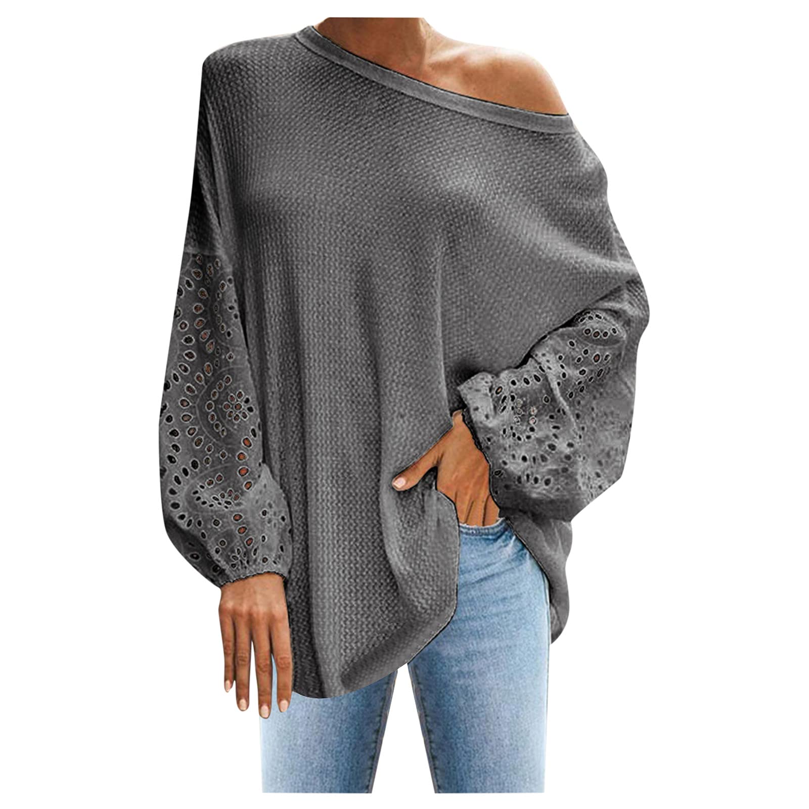 Off The Shoulder Waffle Knit Long Sleeve Pullover Tops - Lantern Sleeves Oversized Shirt Blouse for Women | Casual Fall Outfits, Date Night & Boho Style