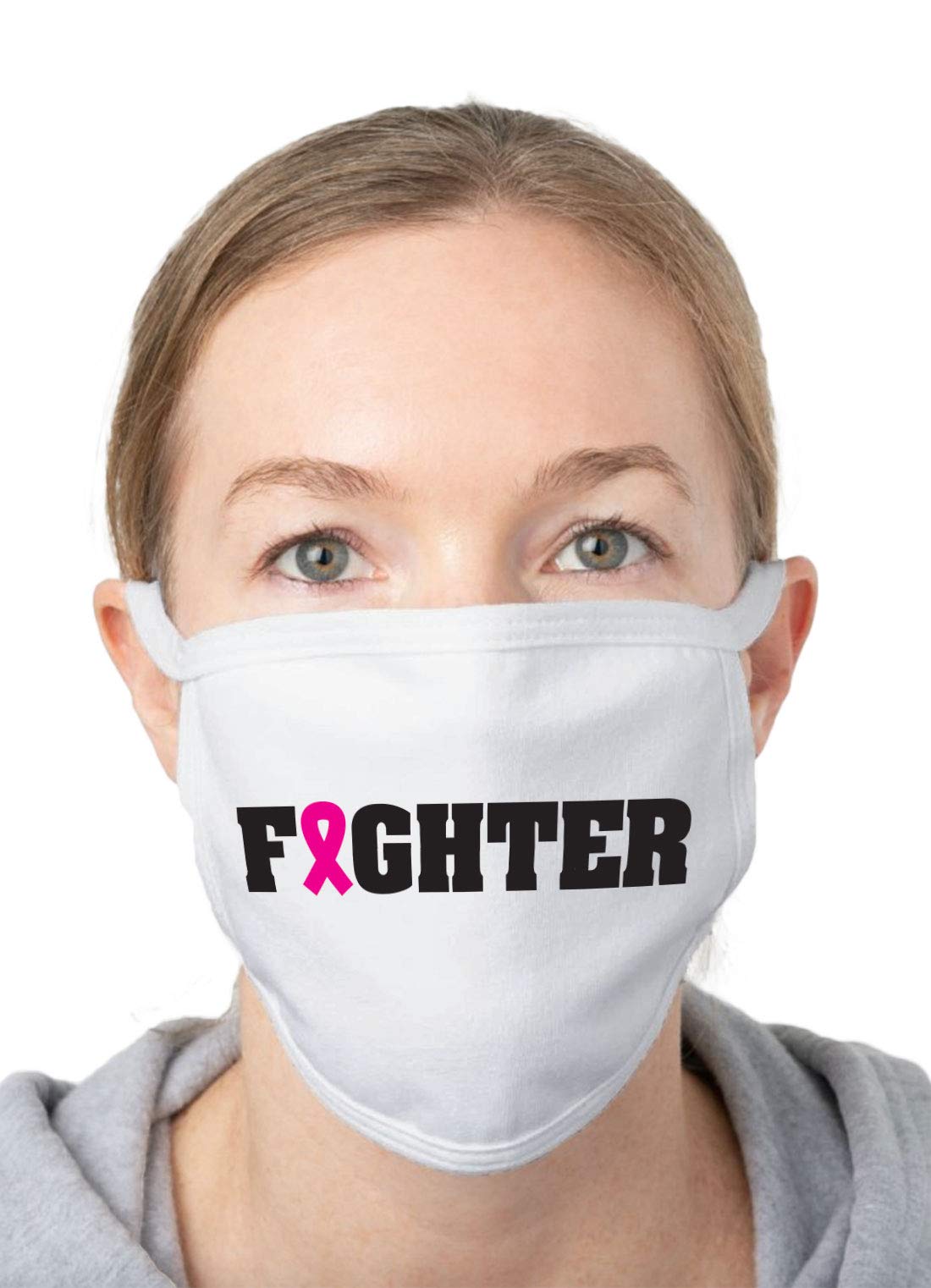 Fighter Pink Ribbon Breast Cancer Awareness Cotton Face Mask - 2-Ply, White with White Piping - Comfortable & Breathable for Daily Wear, Work, and Public Outings