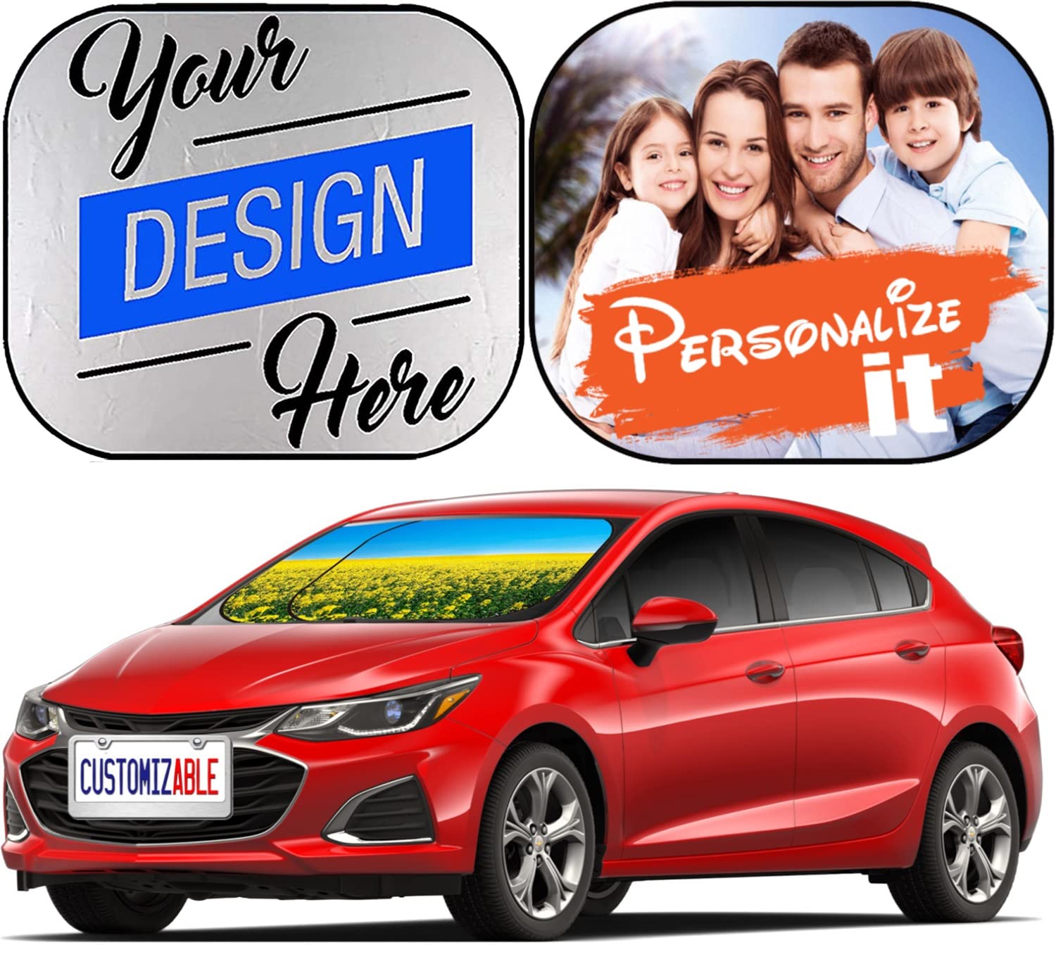 Custom Maizi Windshield Sunshade 2-Pack - Universal Fit for Most Cars (Sedan, Coupe, Wagon, Van) | UV Protection & Heat Reduction | Made in USA | Perfect for Summer Parking & Road Trips