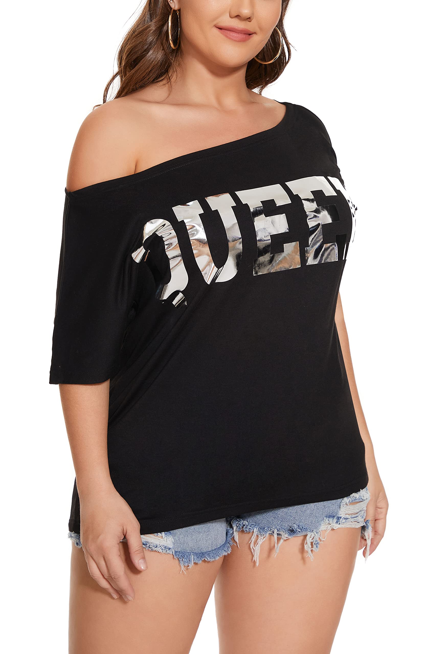 PESION Women's Off The Shoulder Tops - Sexy Shiny Metallic Short Sleeve Blouses with Fashion Graphic Print | Perfect for Night Out, Party & Casual Wear