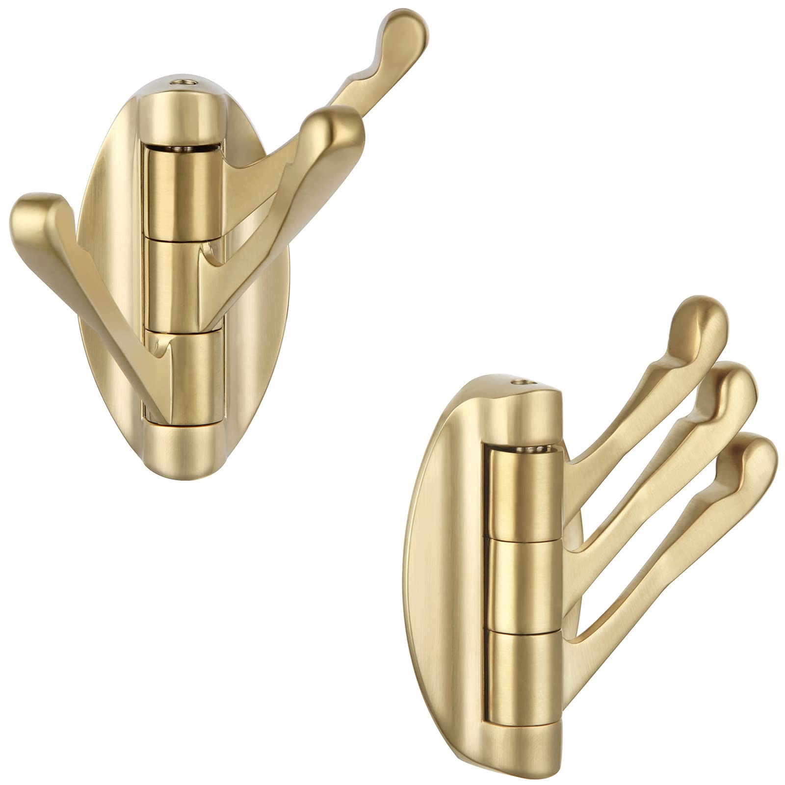 2-Pack Brushed Gold Swivel Towel Hooks - Heavy Duty Metal Folding Bathroom Hooks for Towels, Robes & Clothes - Wall Mount Space-Saving Solution for Bathrooms, RVs & Small Spaces
