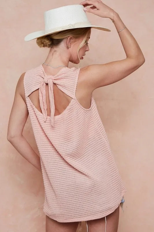 BiBi Popcorn Waffle Open Back Women's T-Shirt with Tied Ribbon - Casual Summer Top for Beach, Date Night & Street Style