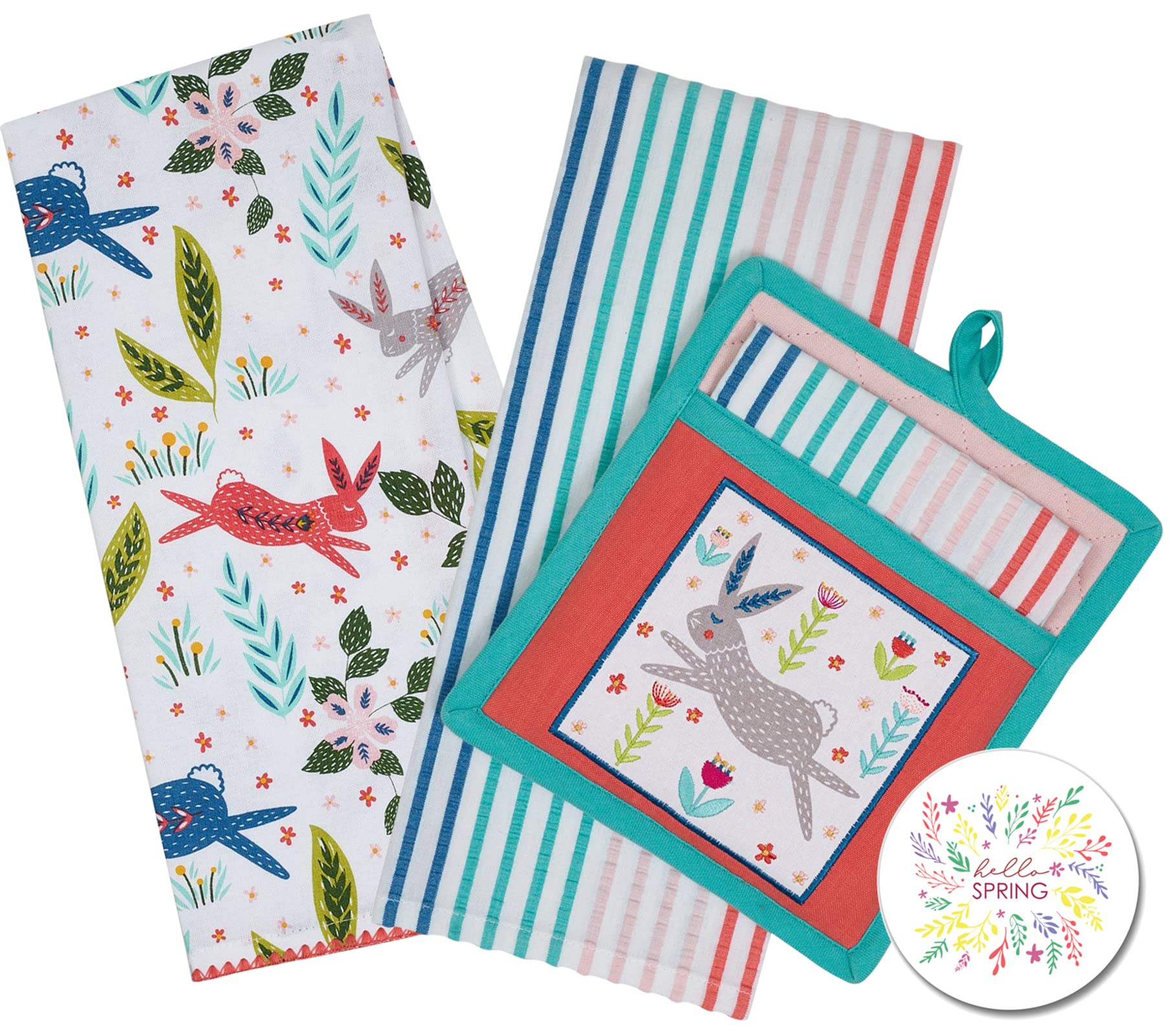 Easter Kitchen Pot Holder and Hand Towel Set - Spring Themed Dish Towels with Bunny Garden Print, Striped Design & Floral Fridge Magnet (4-Piece Set) - Perfect for Easter Decor, Spring Kitchen Decorations & Gift Giving