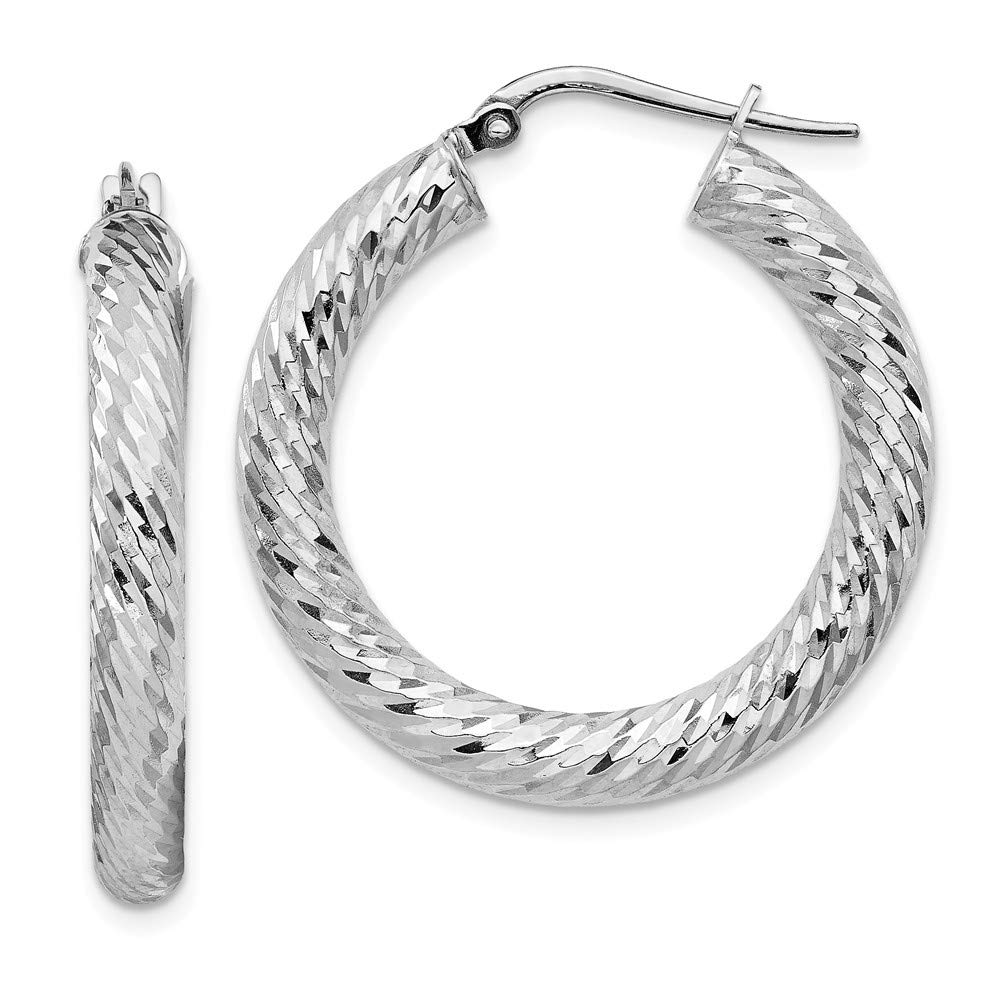 14K White Gold 4X20mm Diamond-Cut Round Hoop Earrings for Women - Elegant Everyday Jewelry for Work, Party & Special Occasions
