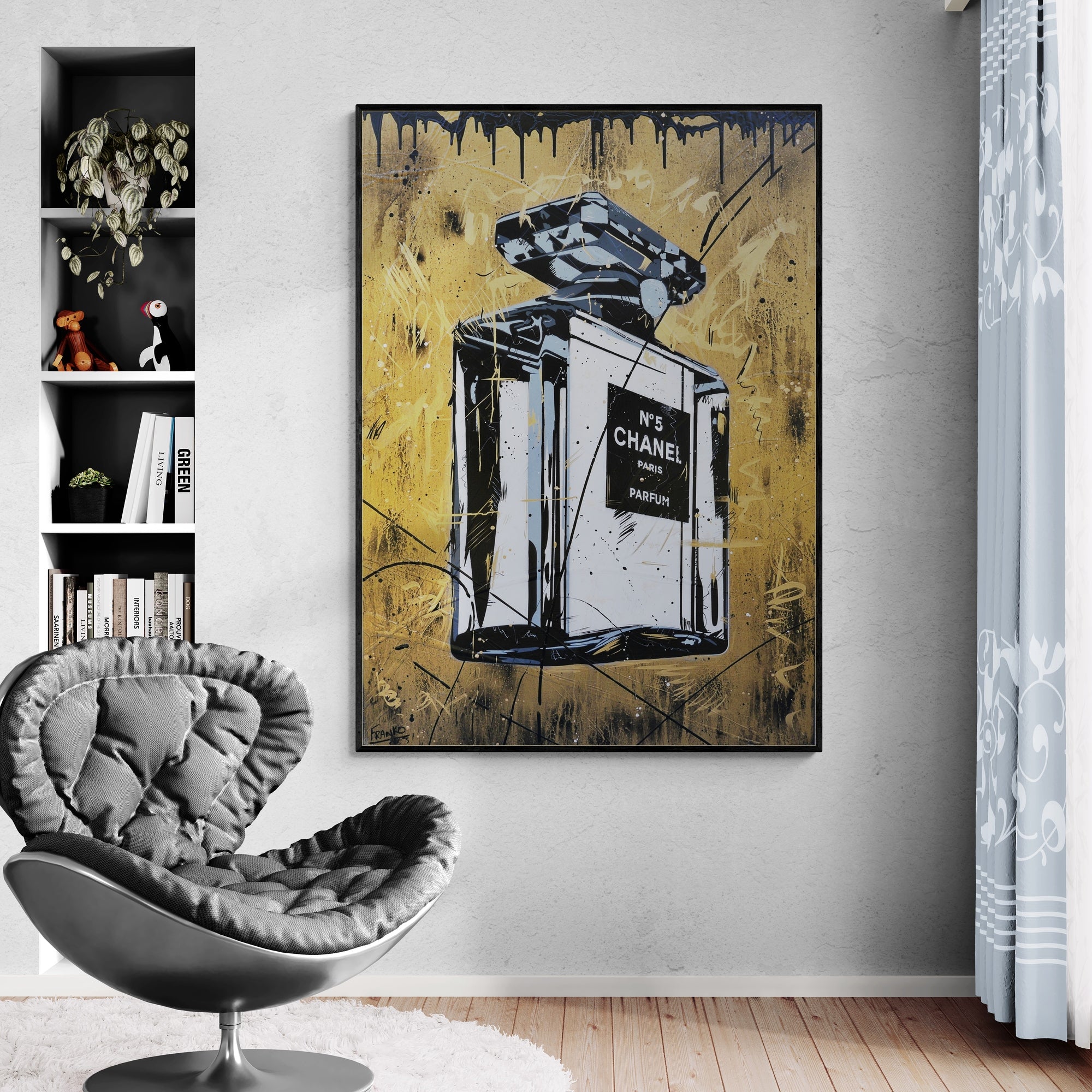 Rolled Gold 140cm x 100cm Metallic Gold Perfume Bottle Textured Canvas Wall Art - Modern Urban Pop Art Painting for Living Room, Bedroom & Office Decor