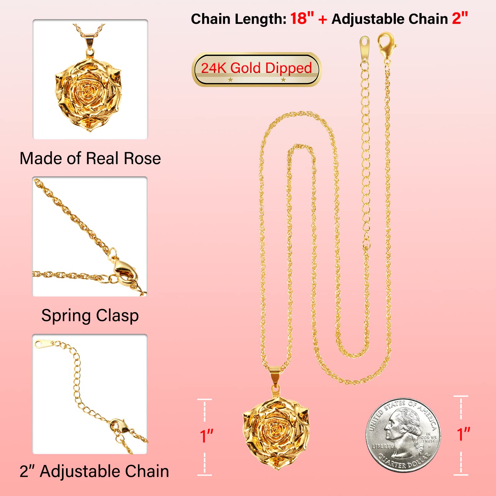 AliveRose 24K Gold Dipped Real Rose Pendant Necklace for Women - Elegant Jewelry Gift for Mother's Day, Anniversary, Birthday, Christmas - Perfect for Wife, Girlfriend, Mom - Romantic Occasions & Special Moments