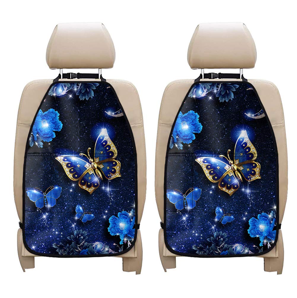 UNICEU Luxy Blue Butterfly Flower Kick Mats 2 Pack - Premium Car Seat Protector Mats for Dirt, Mud & Scratch Protection - Durable Back Seat Covers for Cars, SUVs & Trucks - Perfect for Families, Kids & Pet Owners