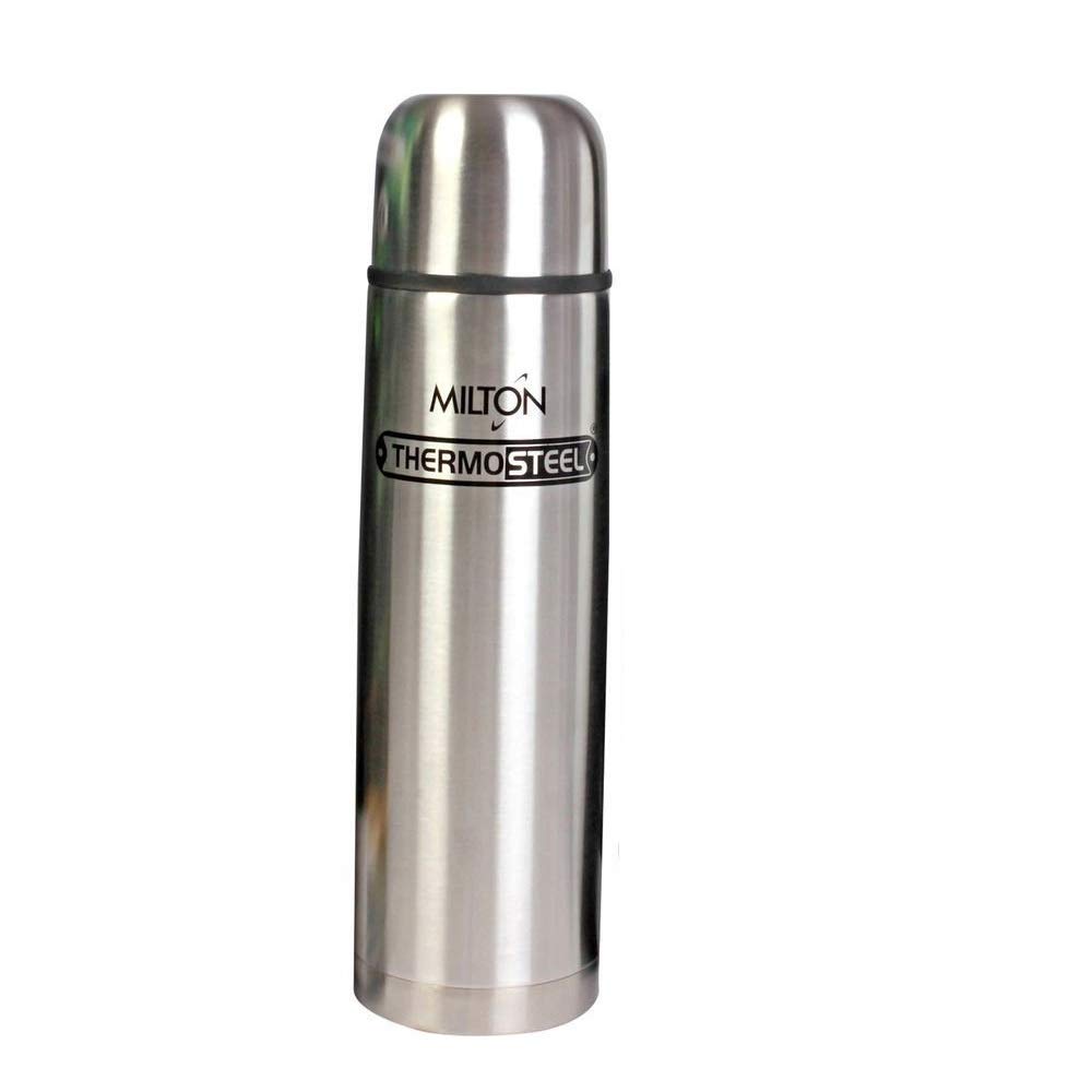Milton Vacuum Flask ThermoSteel Stainless Steel Water Bottle - 350ml Hot & Cold Insulated Bottle, Set of 19 with Plain Lid + 2 Hazel Stainless Steel Glasses - Perfect for Office, Gym, Hiking & Outdoor Activities