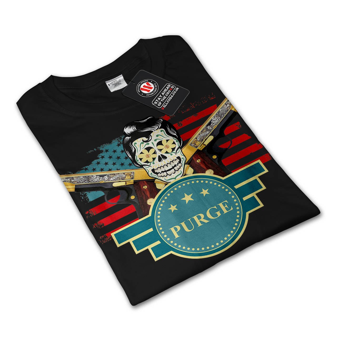 Wellcoda USA Gun Purge Rock Men's Long Sleeve T-Shirt - American Flag Graphic Print Tee for Patriotic Casual Wear & Outdoor Activities