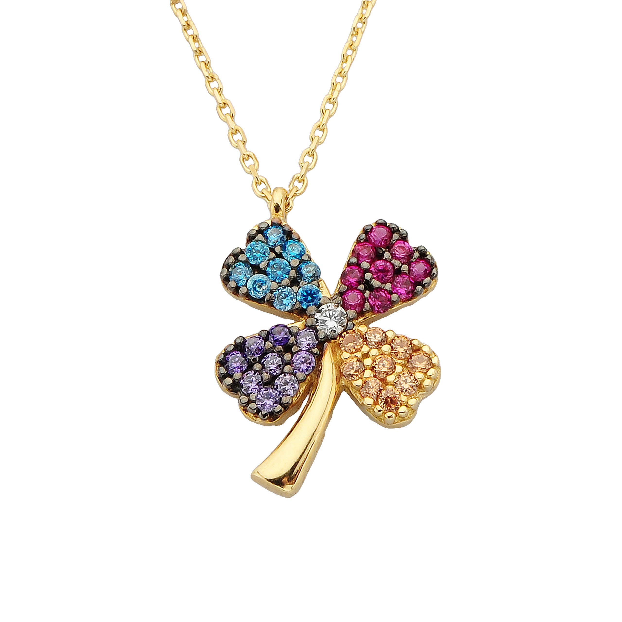 14K Solid Gold Four Leaf Clover Necklace for Women - CZ Multi Color Dainty Pendant Jewelry | Elegant Gift for Mom, Wife, Girlfriend | Perfect for Birthday, Christmas, Anniversary & Everyday Wear